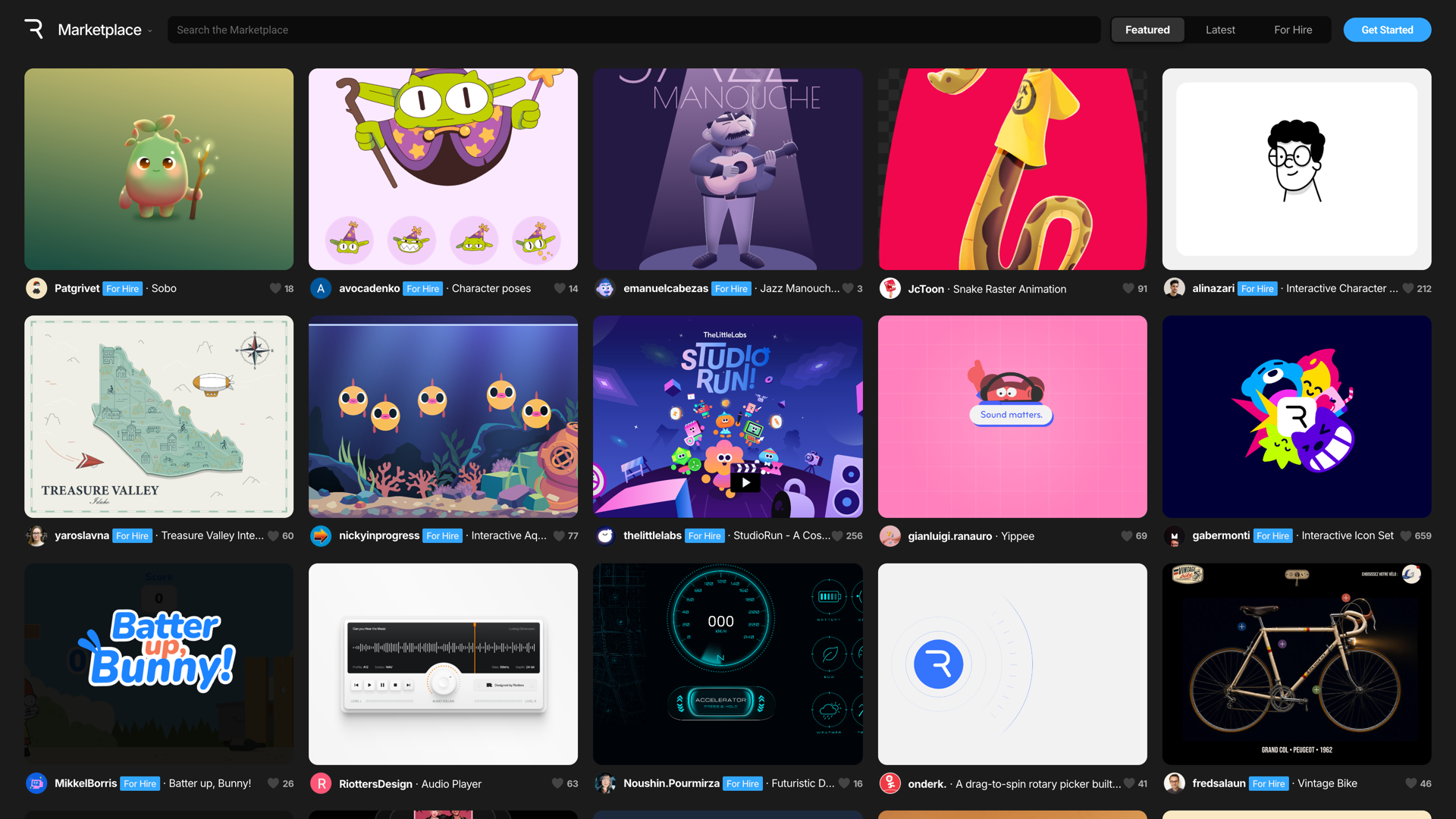 The Rive Marketplace: a grid of interactive animations uploaded by creators, some marked For Hire