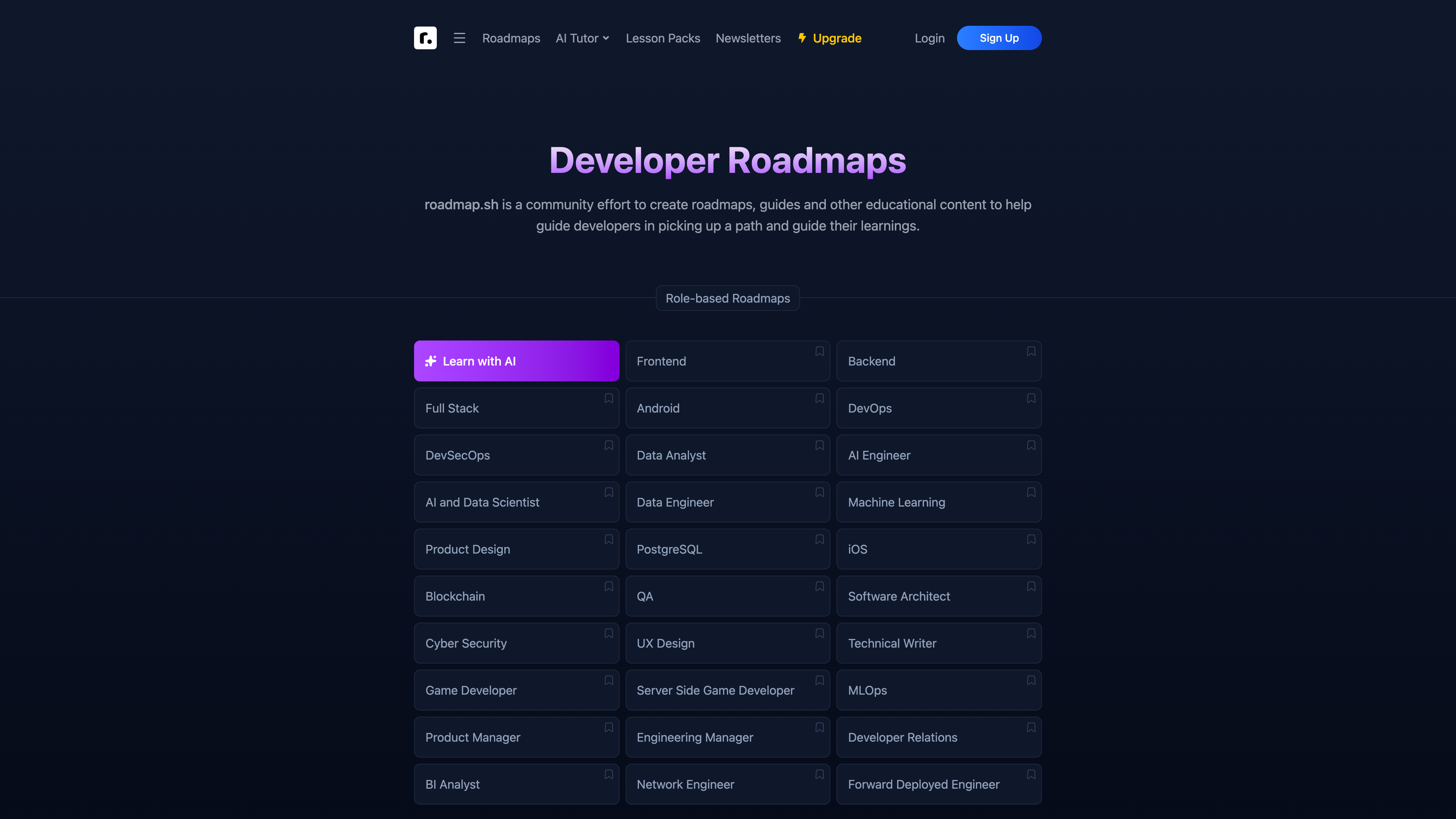 The roadmap.sh homepage: a grid of role-based roadmap entries below the header, with Roadmaps, AI Tutor, Lesson Packs and Newsletters in the navigation