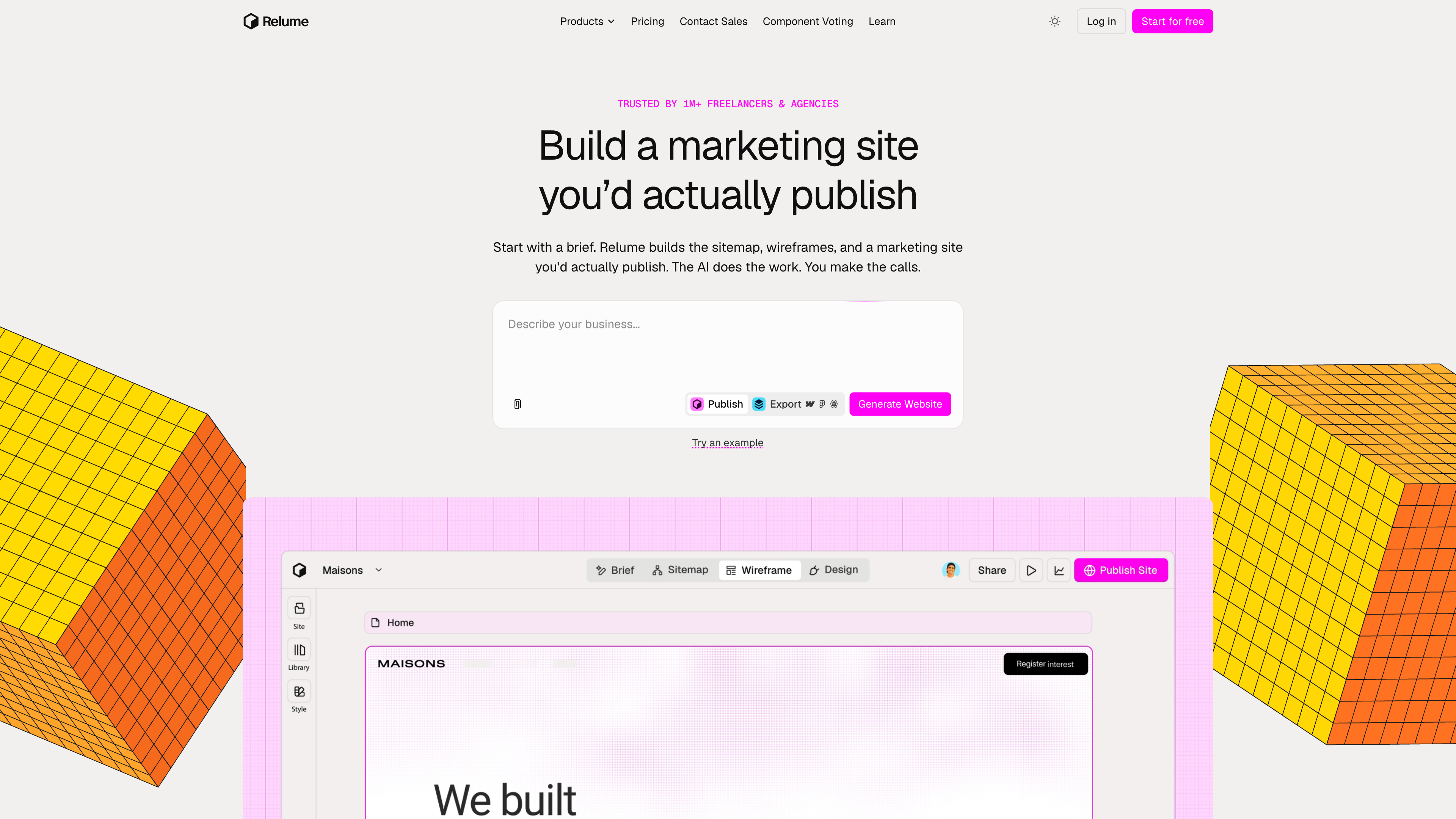 Relume homepage: a brief input box with Publish and Export paths, above a preview of the builder