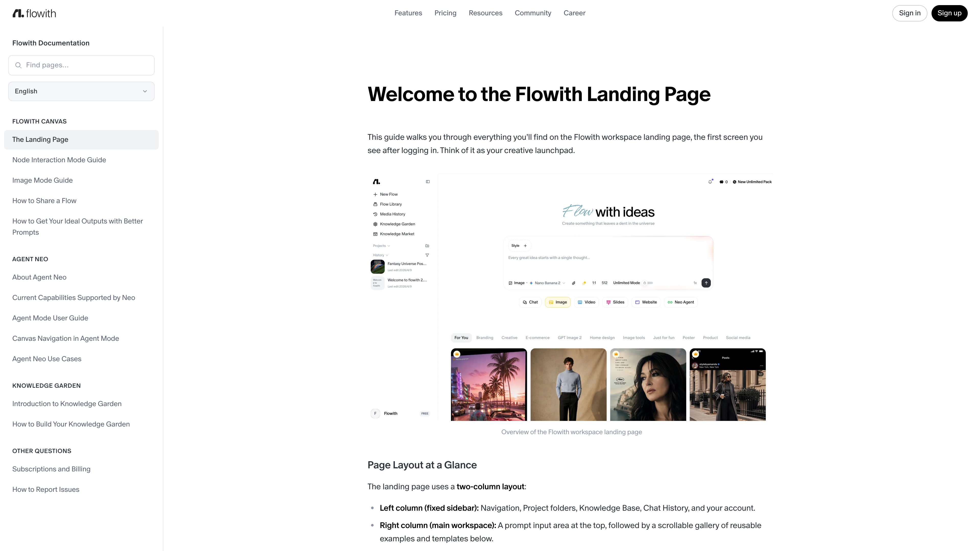 Flowith's documentation site: public guides for the canvas, Agent Neo, and Knowledge Garden