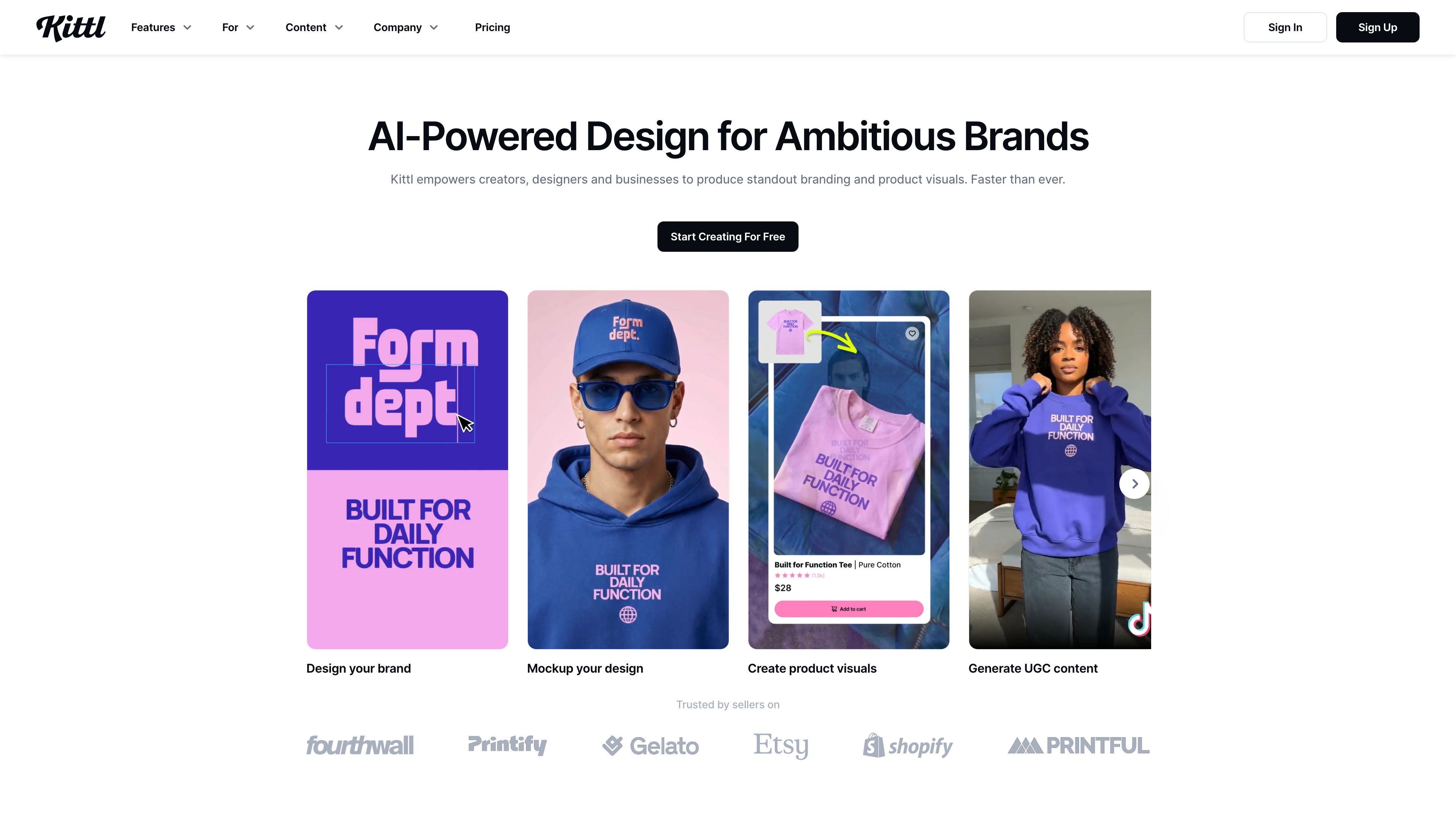 The Kittl homepage: the hero reads “AI-Powered Design for Ambitious Brands,” with four cards for brand design, mockups, product visuals, and UGC content