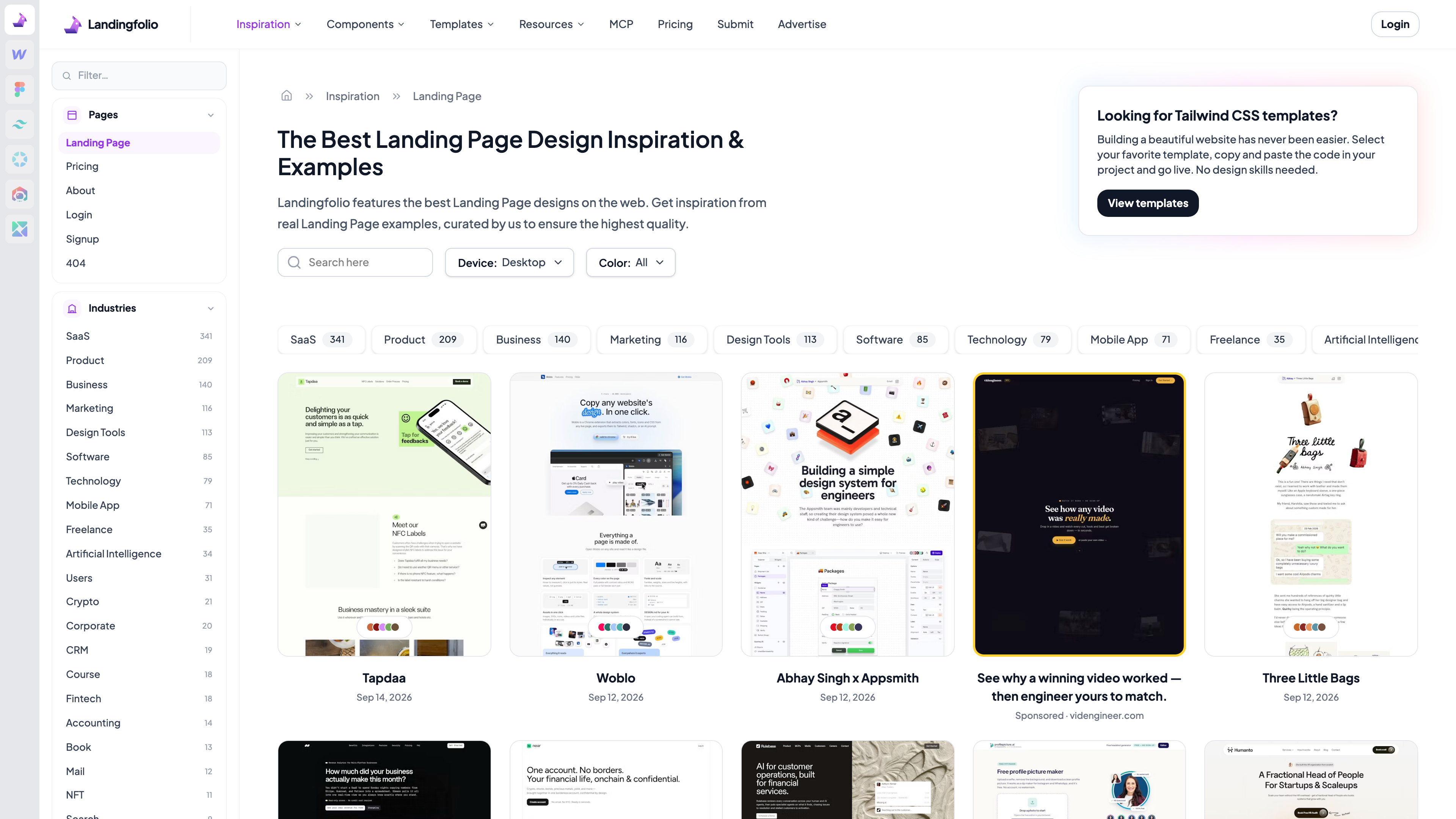 The landing page gallery: industry counts, device and color filters, dates on every card