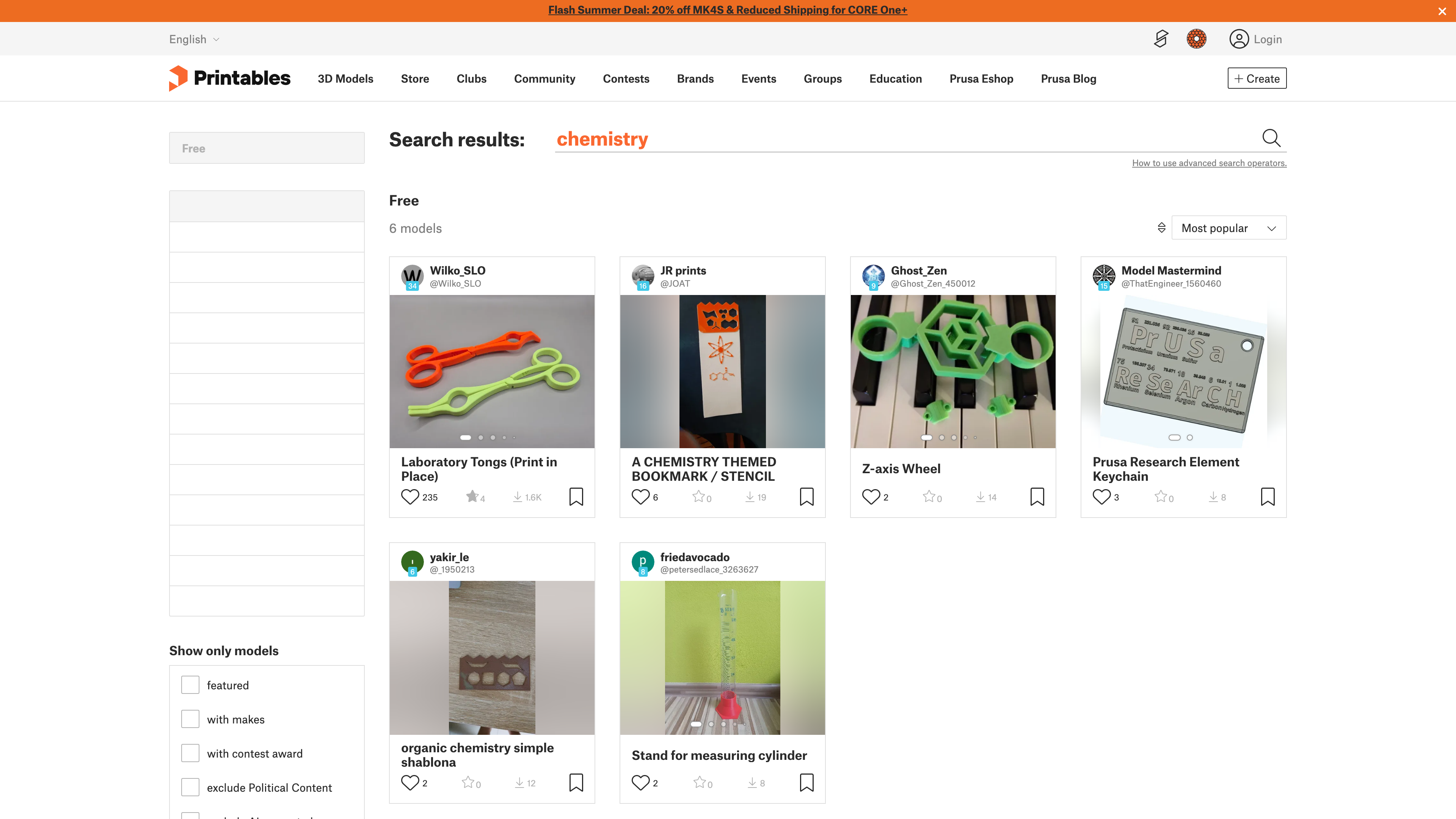 Search results for “chemistry”: filters on the left (including AI-generated and political-content exclusions), model cards with print photos on the right