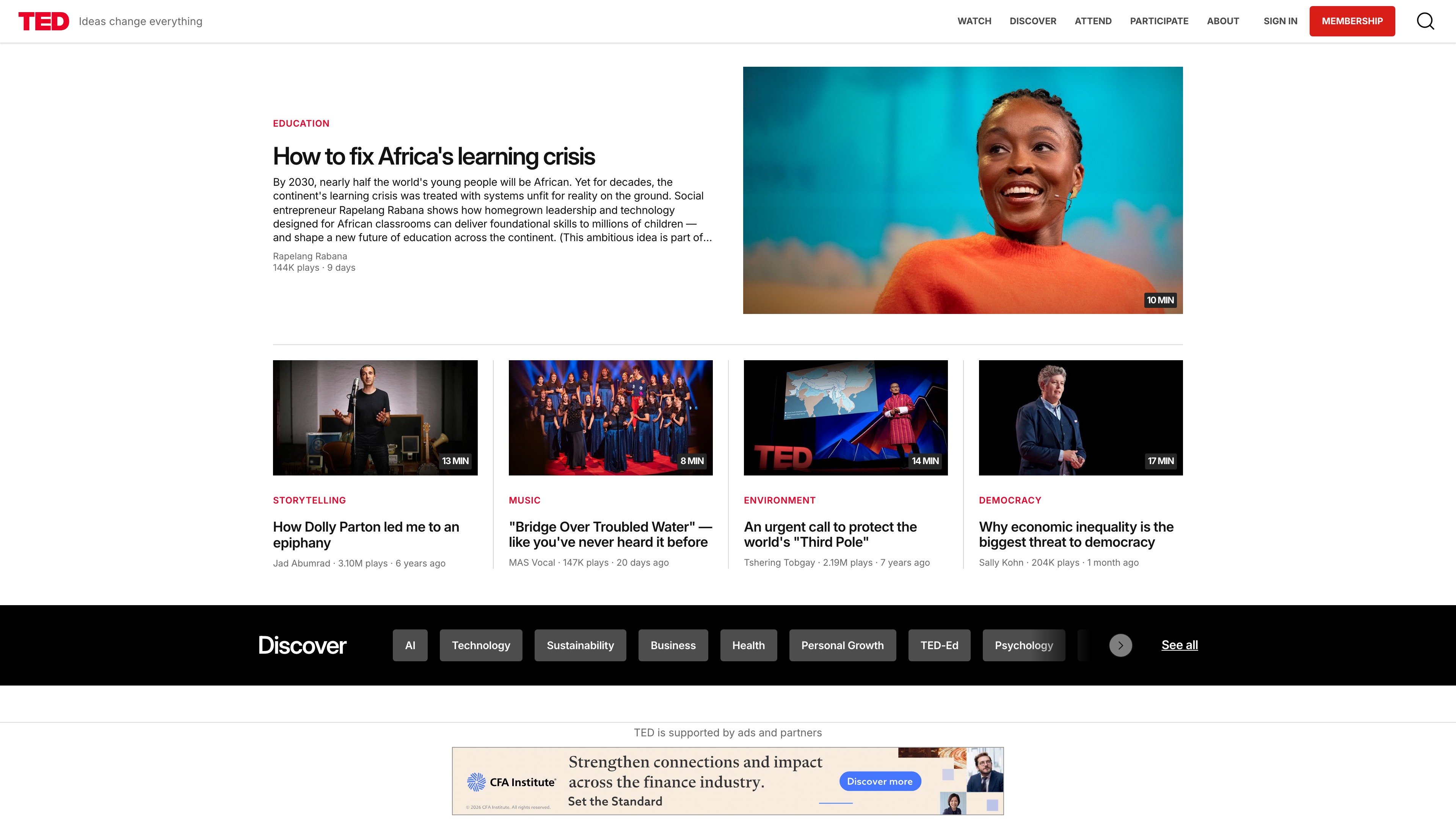 The TED.com homepage: featured talks, topic shortcuts, and a sponsor banner