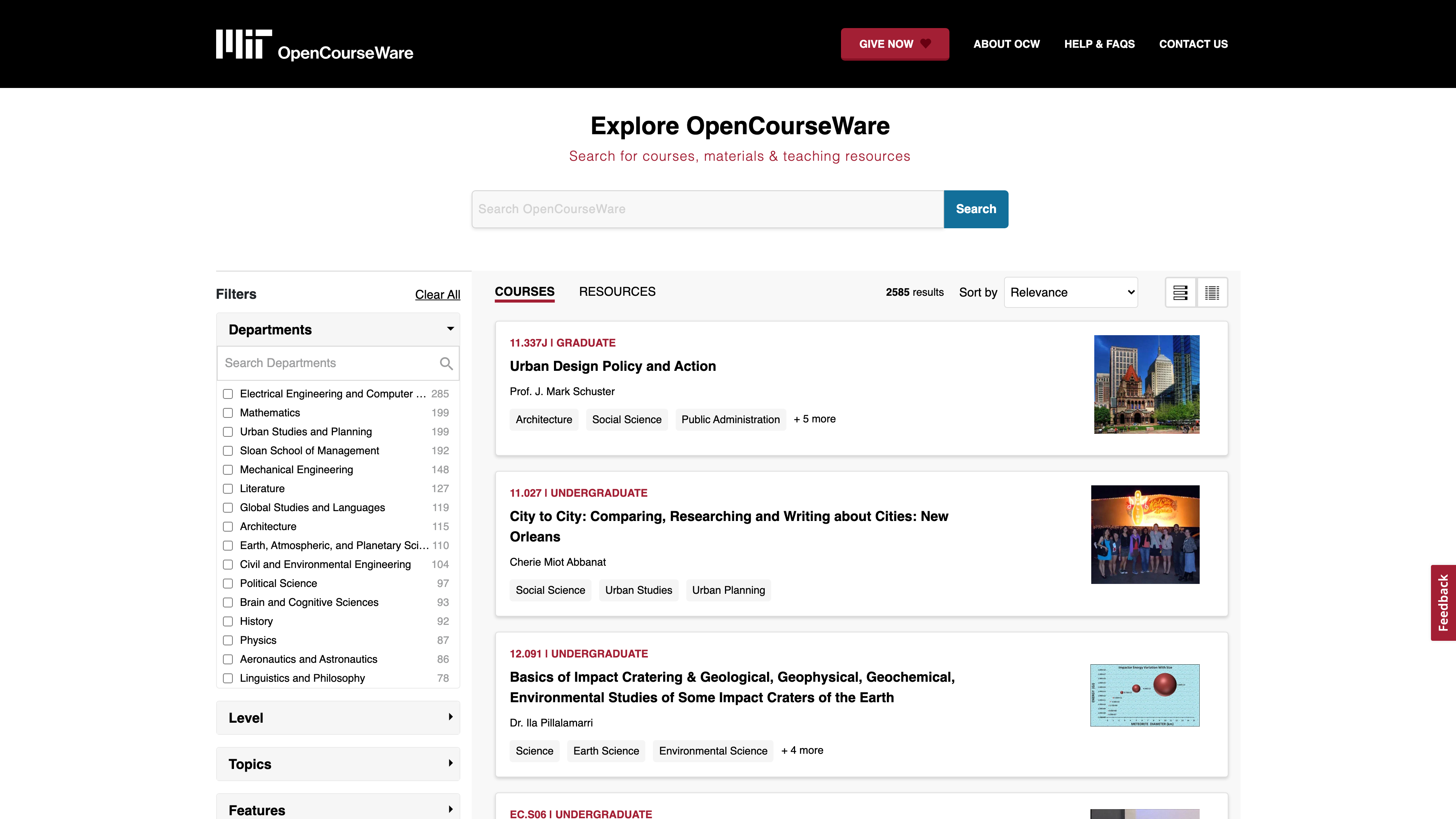 The OCW course search page: department and level filters on the left, course results on the right