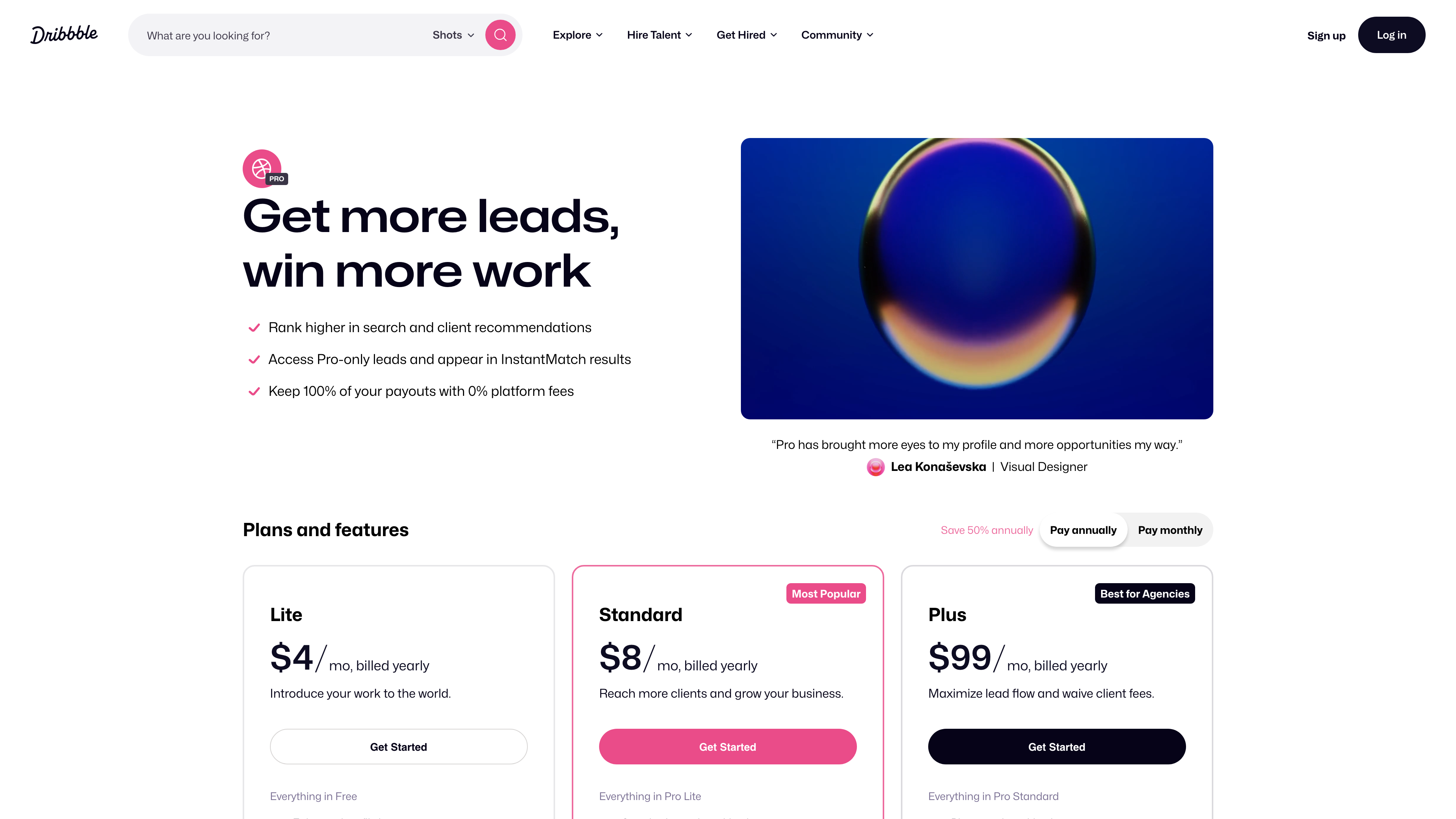 Dribbble Pro pricing: Lite, Standard and Plus tiers