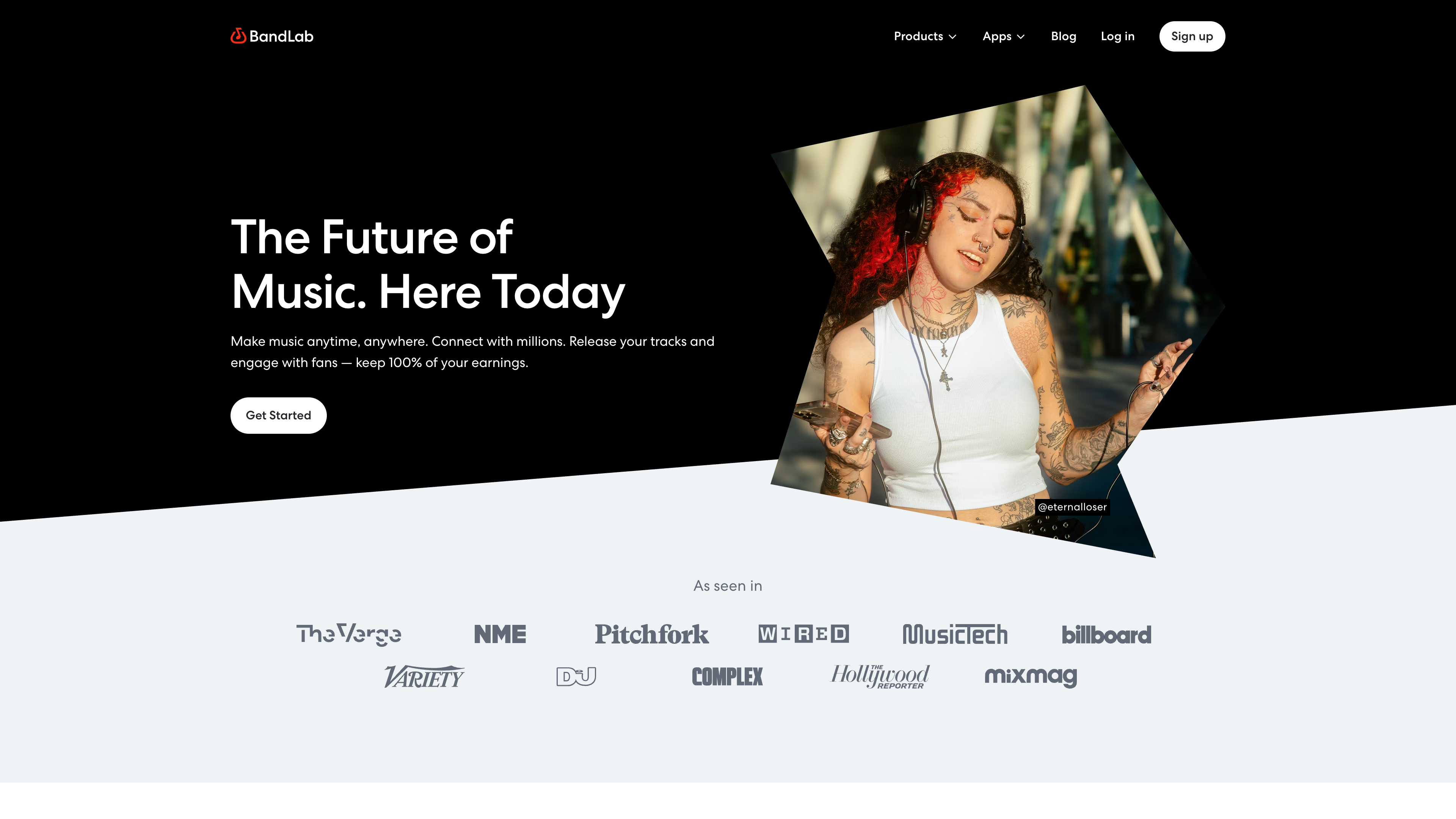 The BandLab homepage: the hero reads “The Future of Music. Here Today,” with logos of outlets that have covered it below