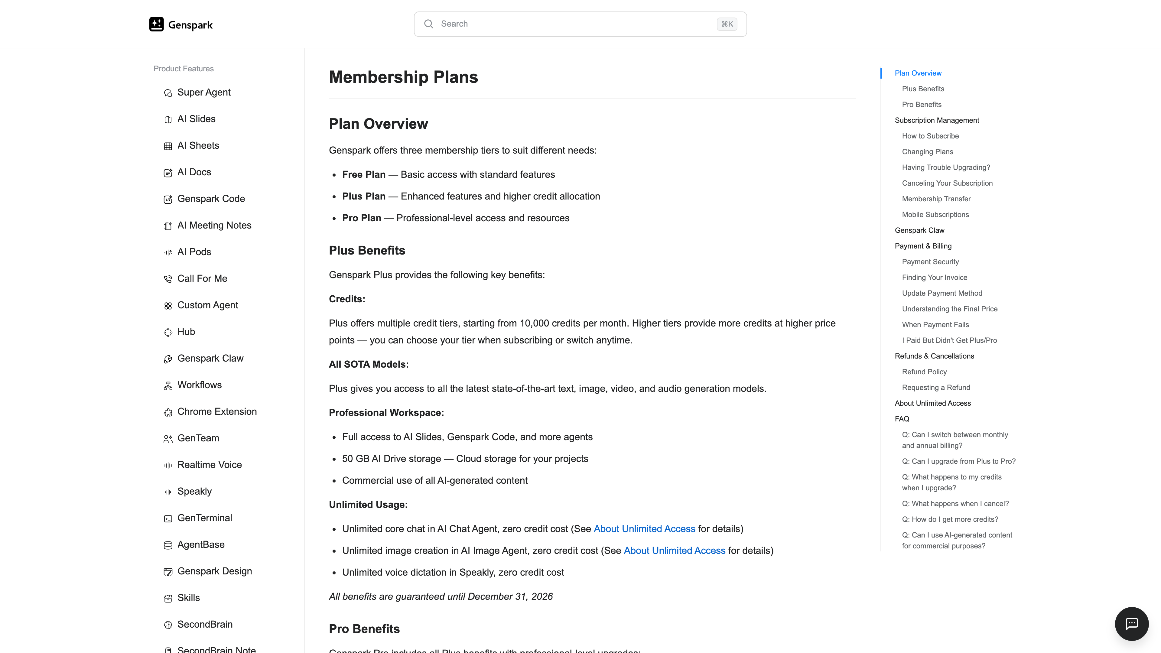 Genspark's help center “Membership Plans” page: the Free, Plus, and Pro overview and Plus benefits (credits, storage, unlimited chat and images)