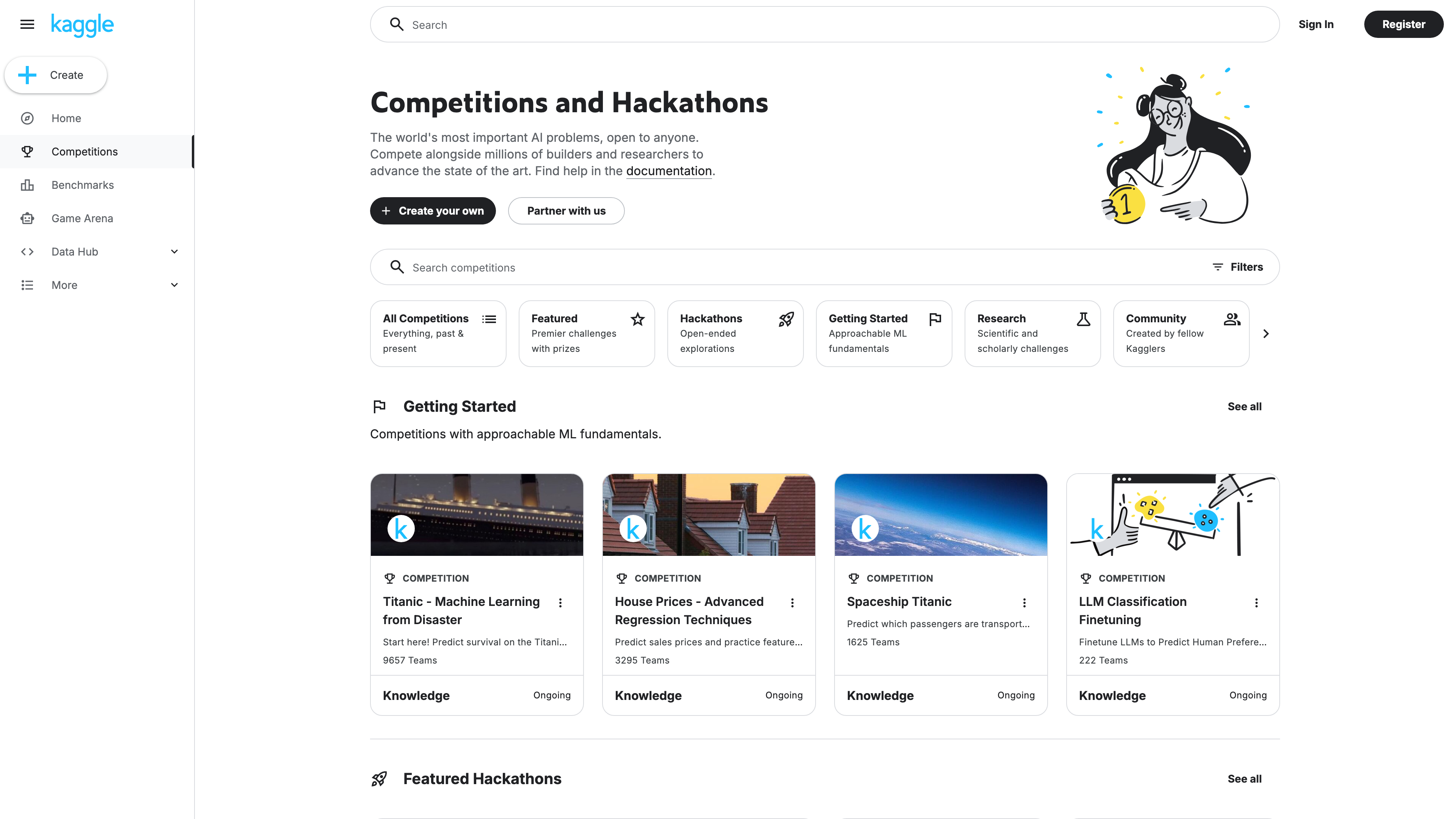 The Kaggle competitions listing: browse by Featured, Getting Started, Research and other categories; cards show team counts and status