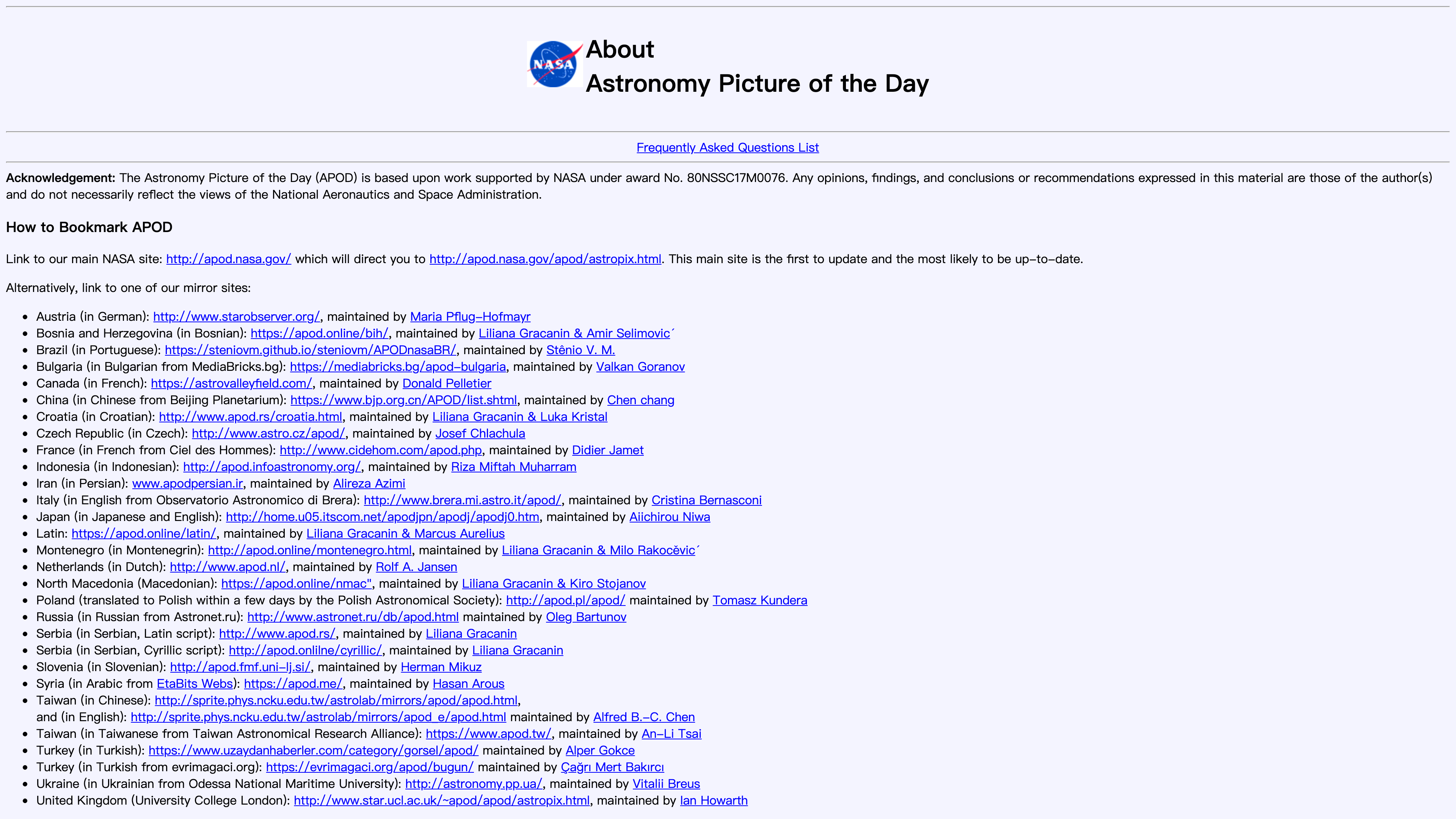 The About APOD page, covering the operating organizations, mirror sites, and image permissions