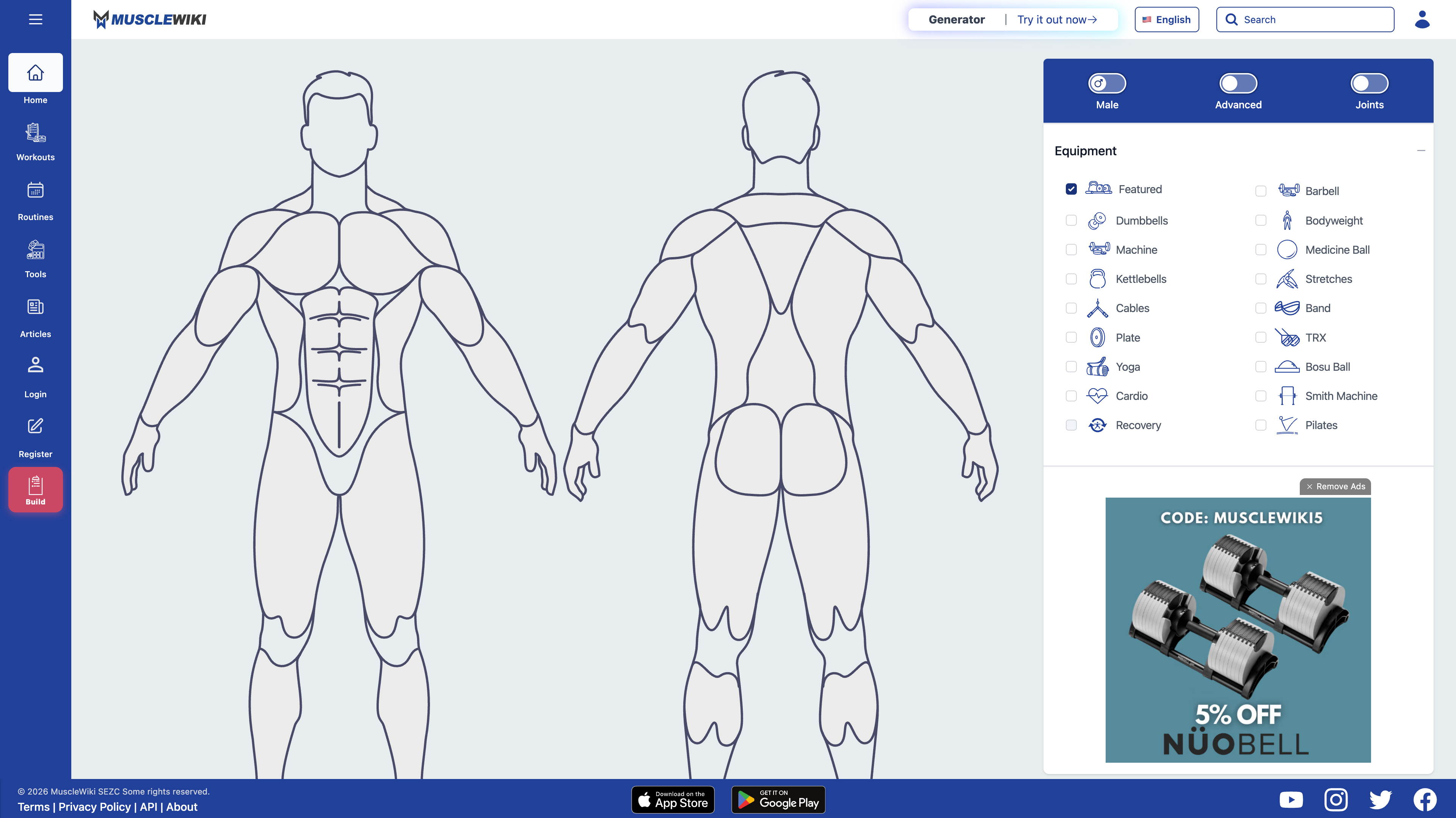 The MuscleWiki homepage: an interactive body map with gender, difficulty, and equipment filters