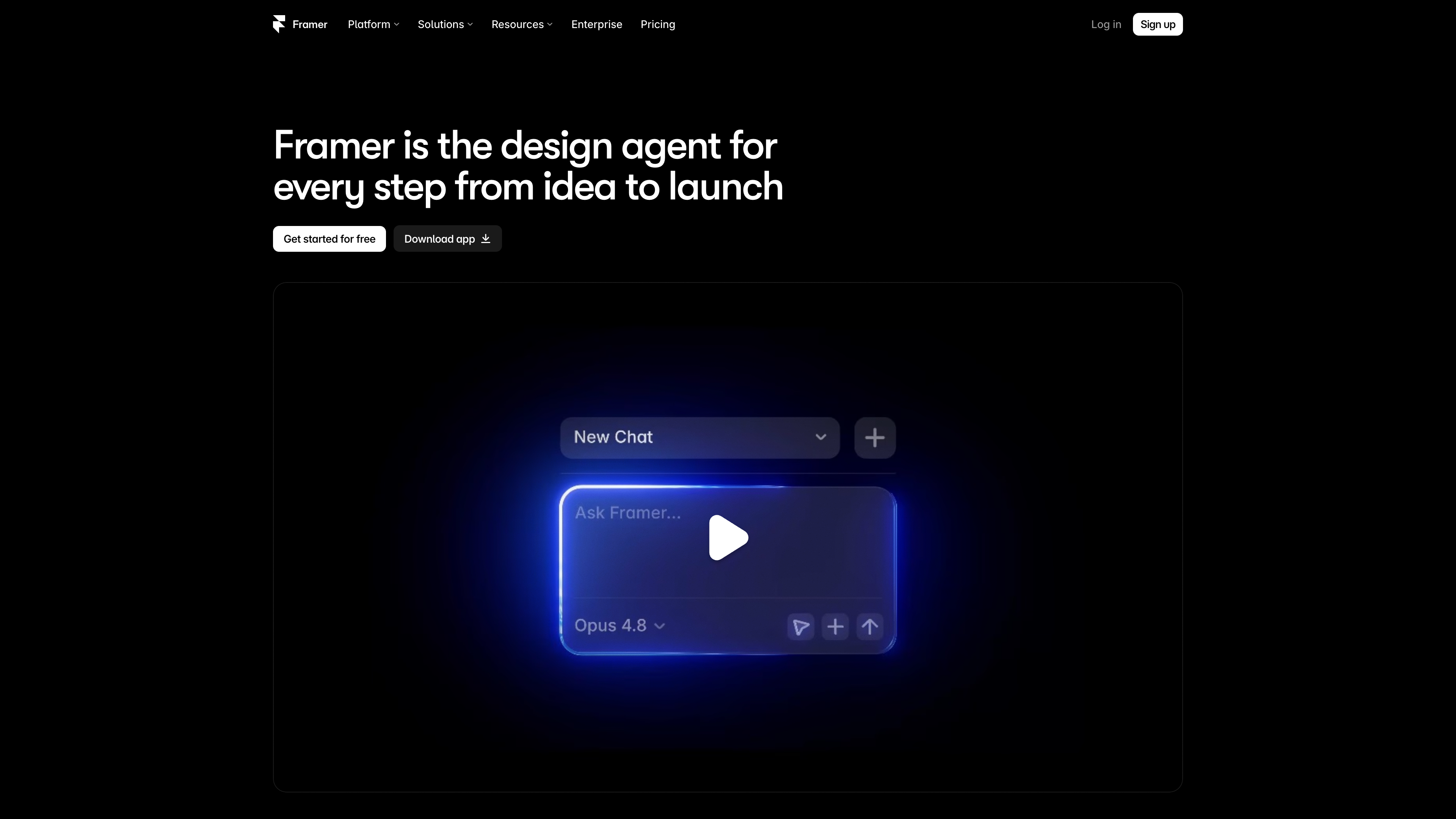 Framer homepage: the tagline "Framer is the design agent for every step from idea to launch" with free sign-up and desktop app download buttons