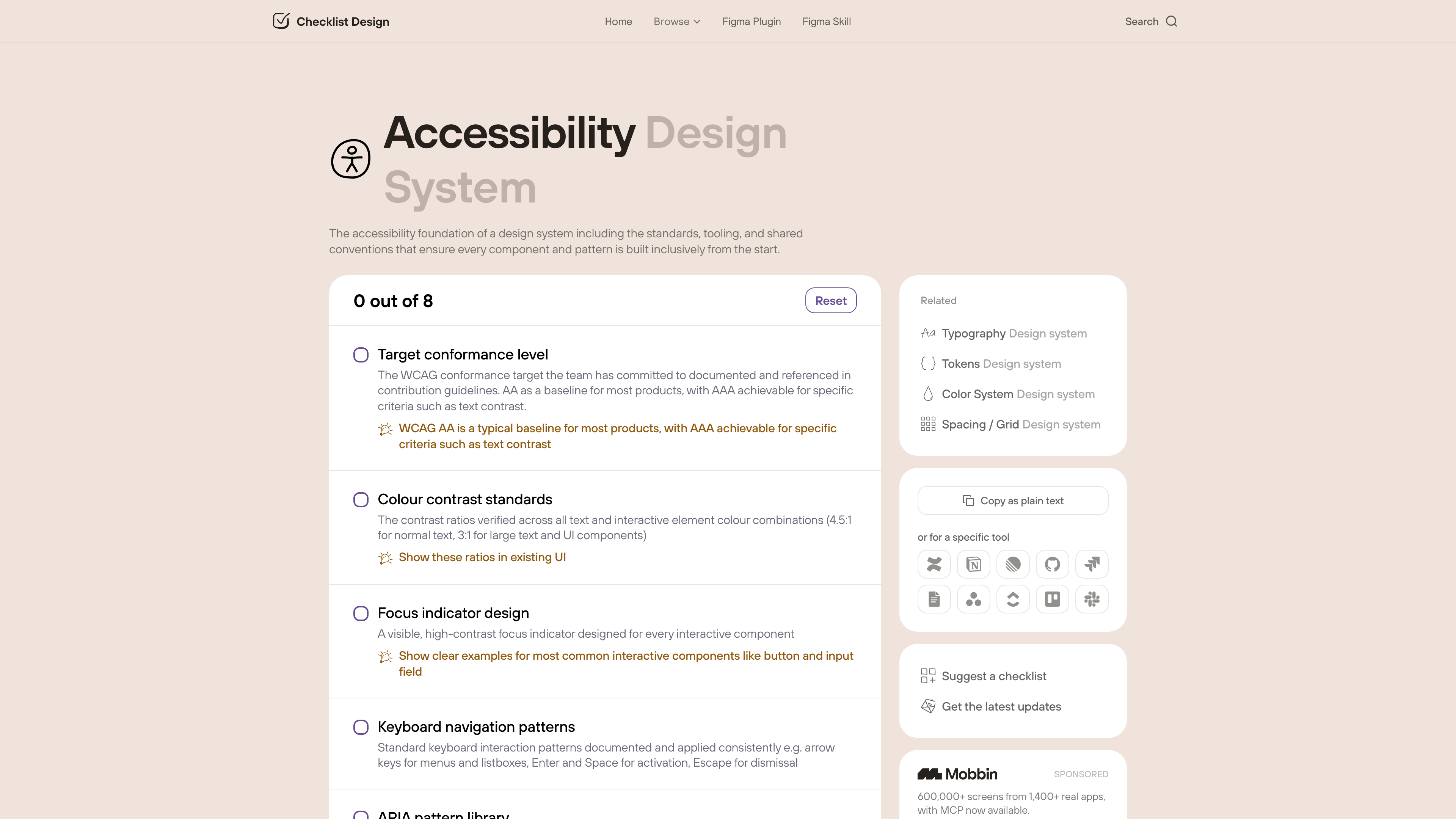 Accessibility checklist detail page with checkable items and copy options