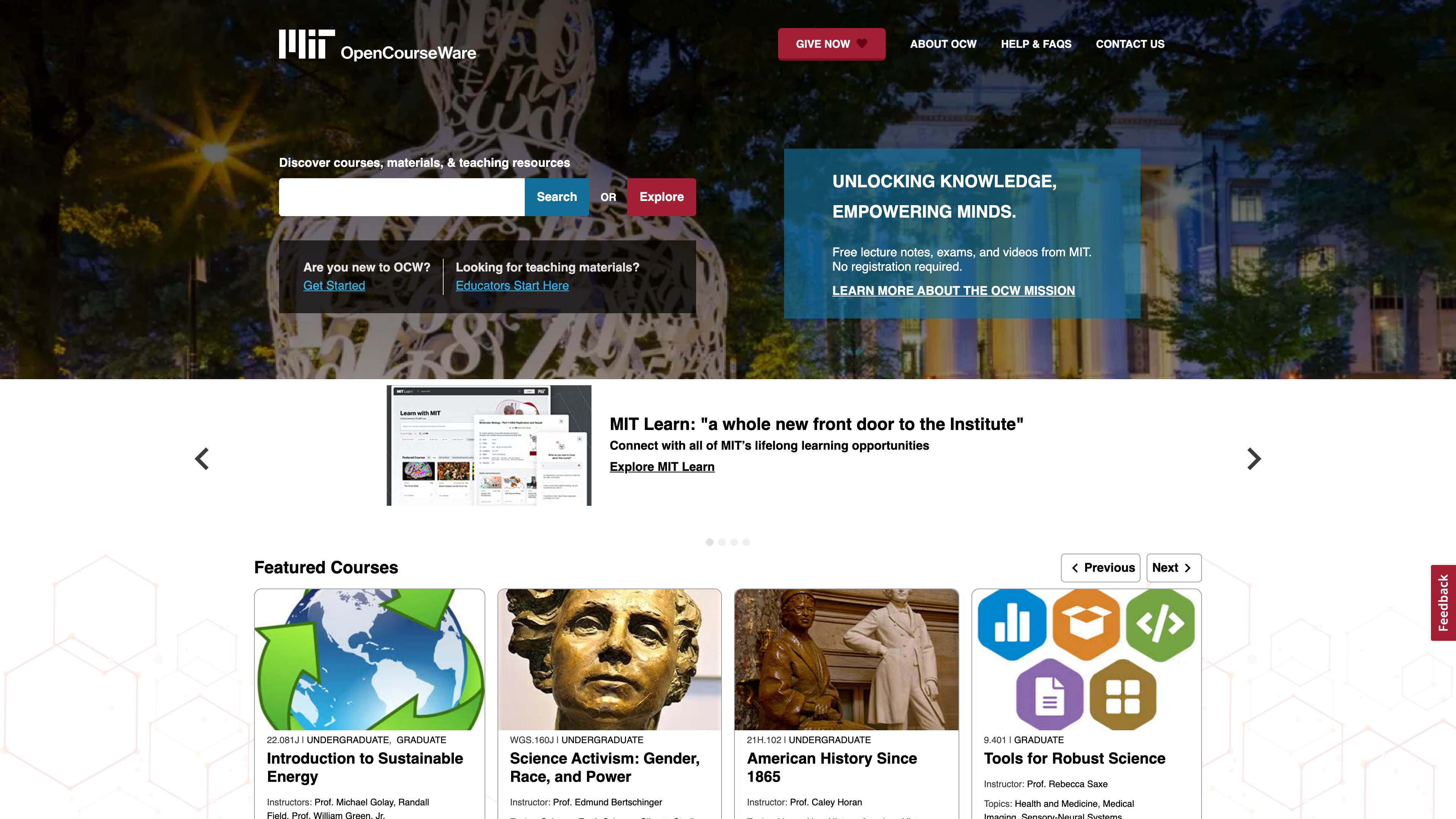 The MIT OpenCourseWare homepage: search bar, featured courses, and the MIT Learn banner