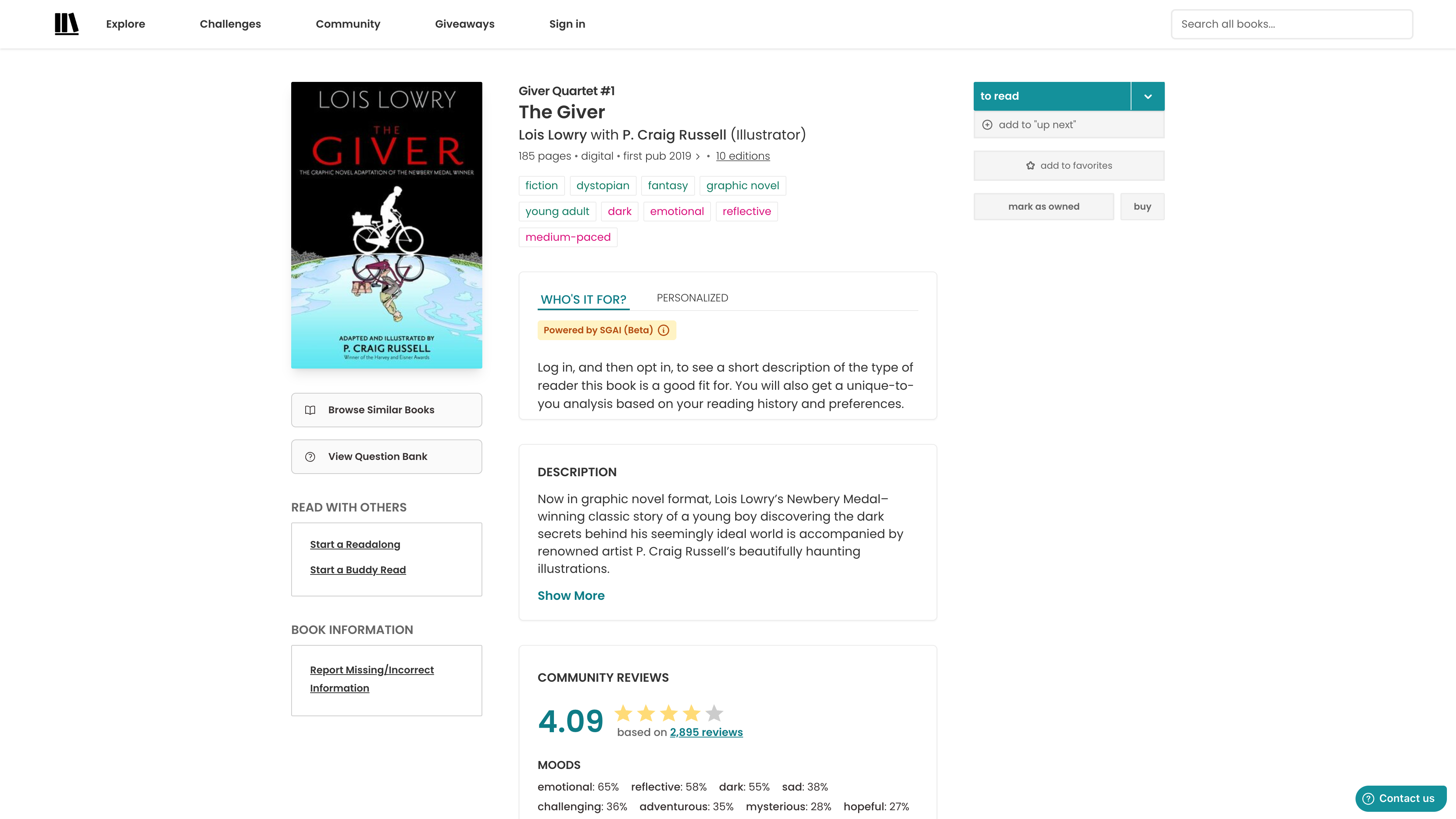 The Giver book page: SGAI module, description, and community mood/pace stats