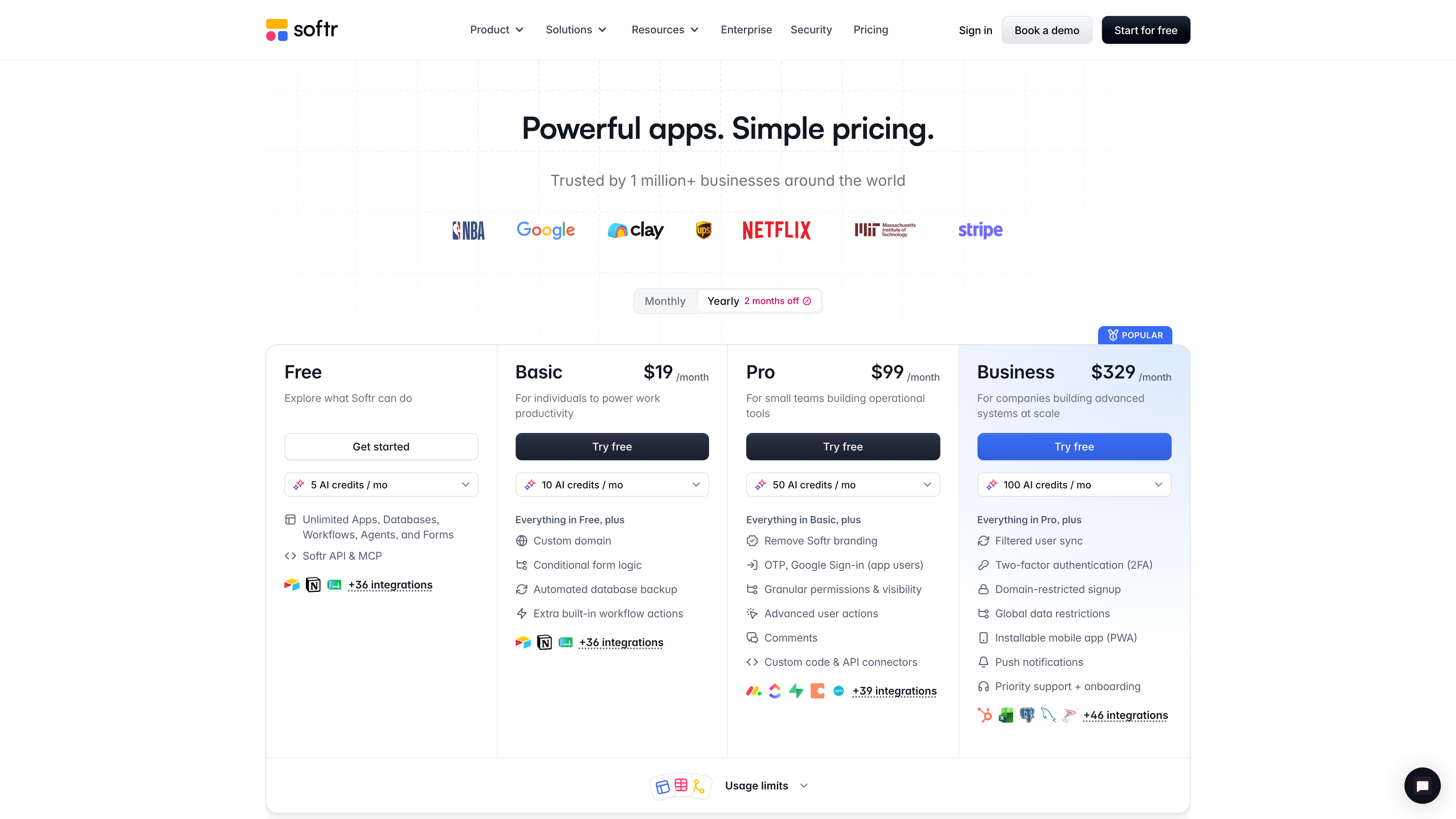Softr pricing page: the four public plans