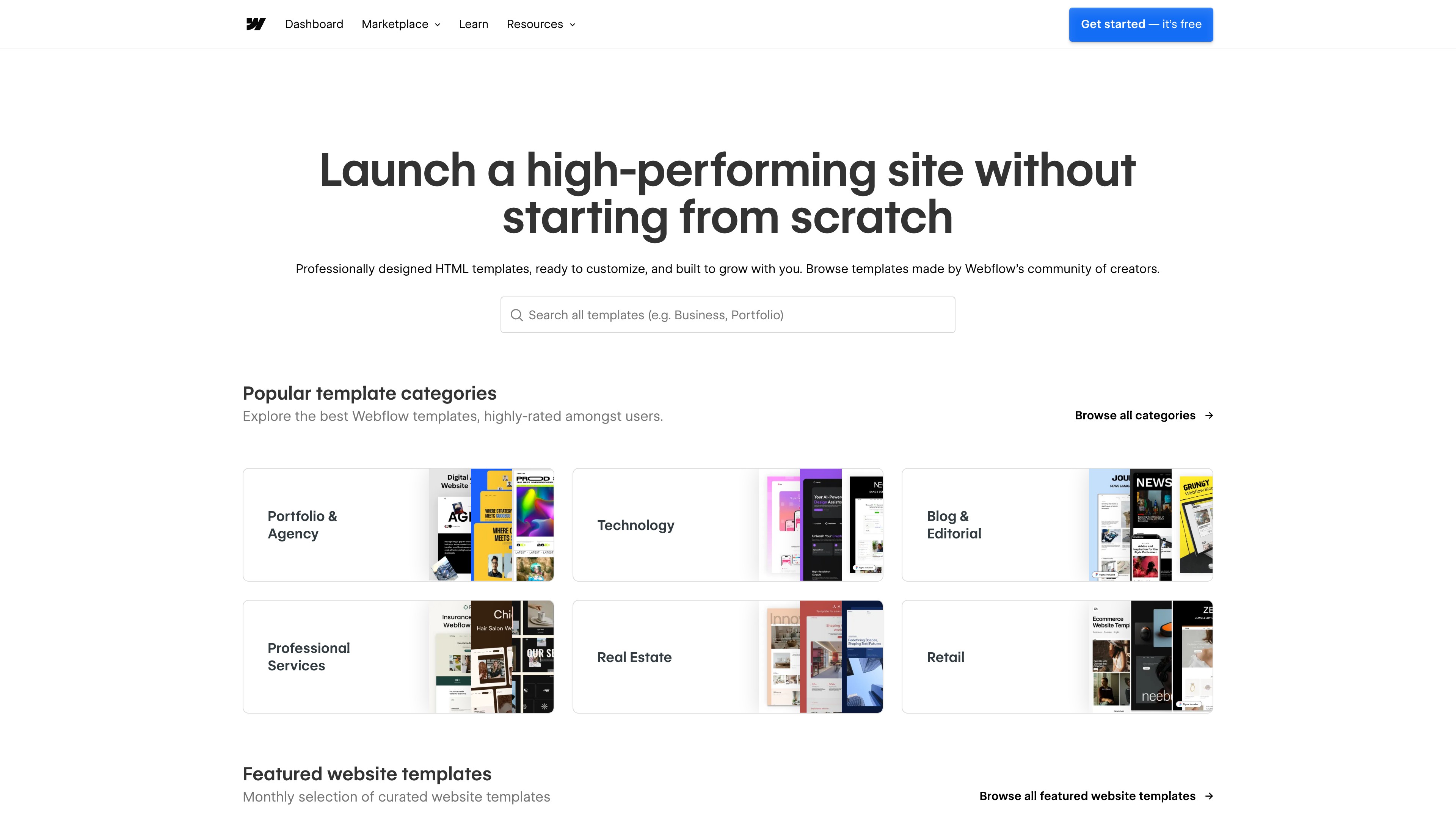 Webflow template marketplace: free and paid templates by category