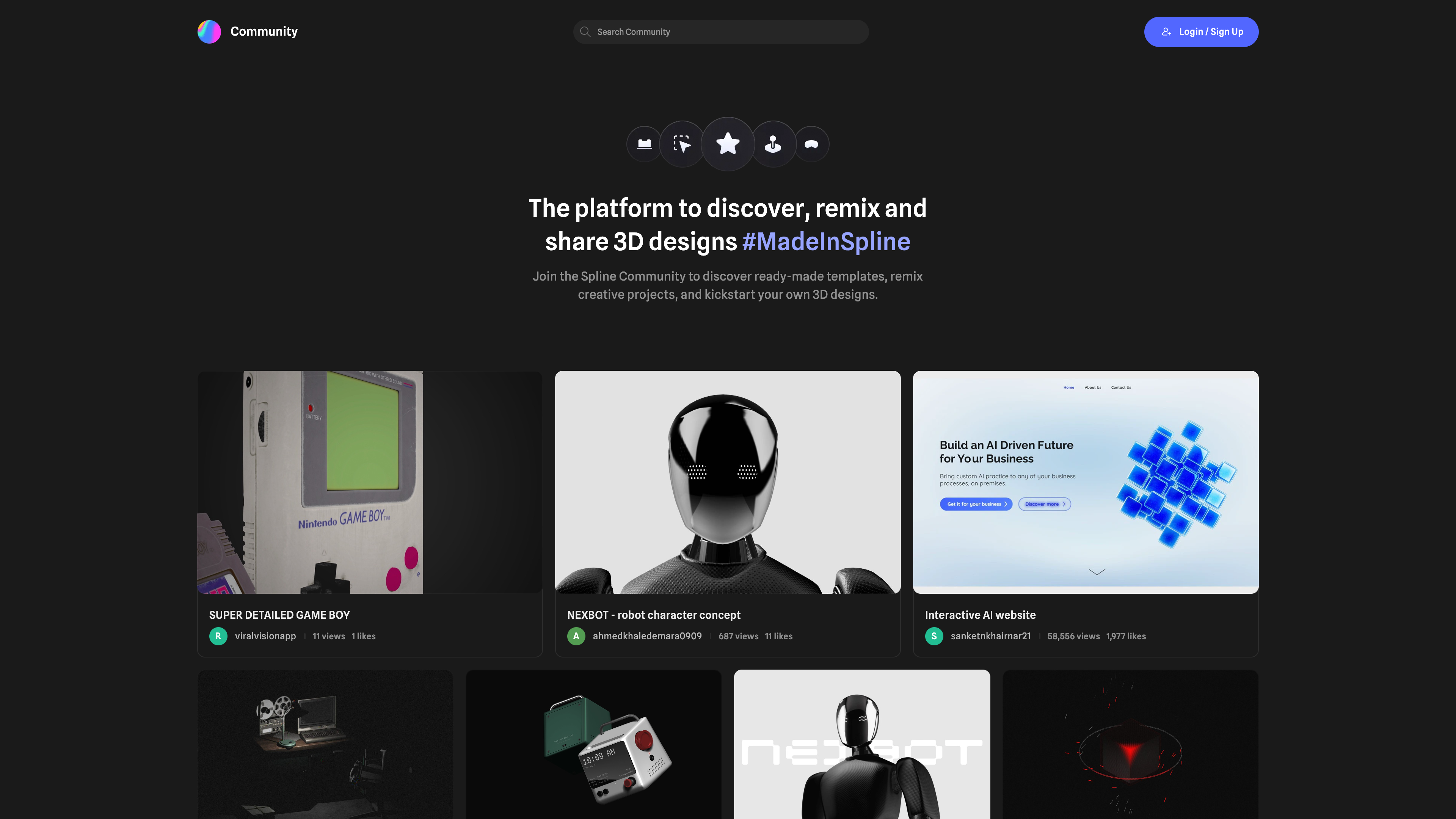 The Spline Community page: "The platform to discover, remix and share 3D designs #MadeInSpline," with project cards showing view and like counts
