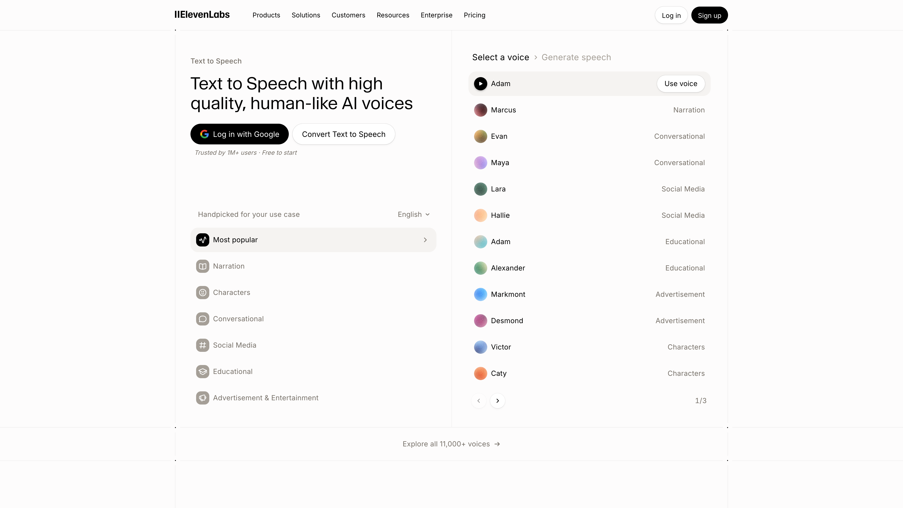 The ElevenLabs Text to Speech page: use-case filters (narration, characters, conversational) on the left and a list of selectable voices on the right