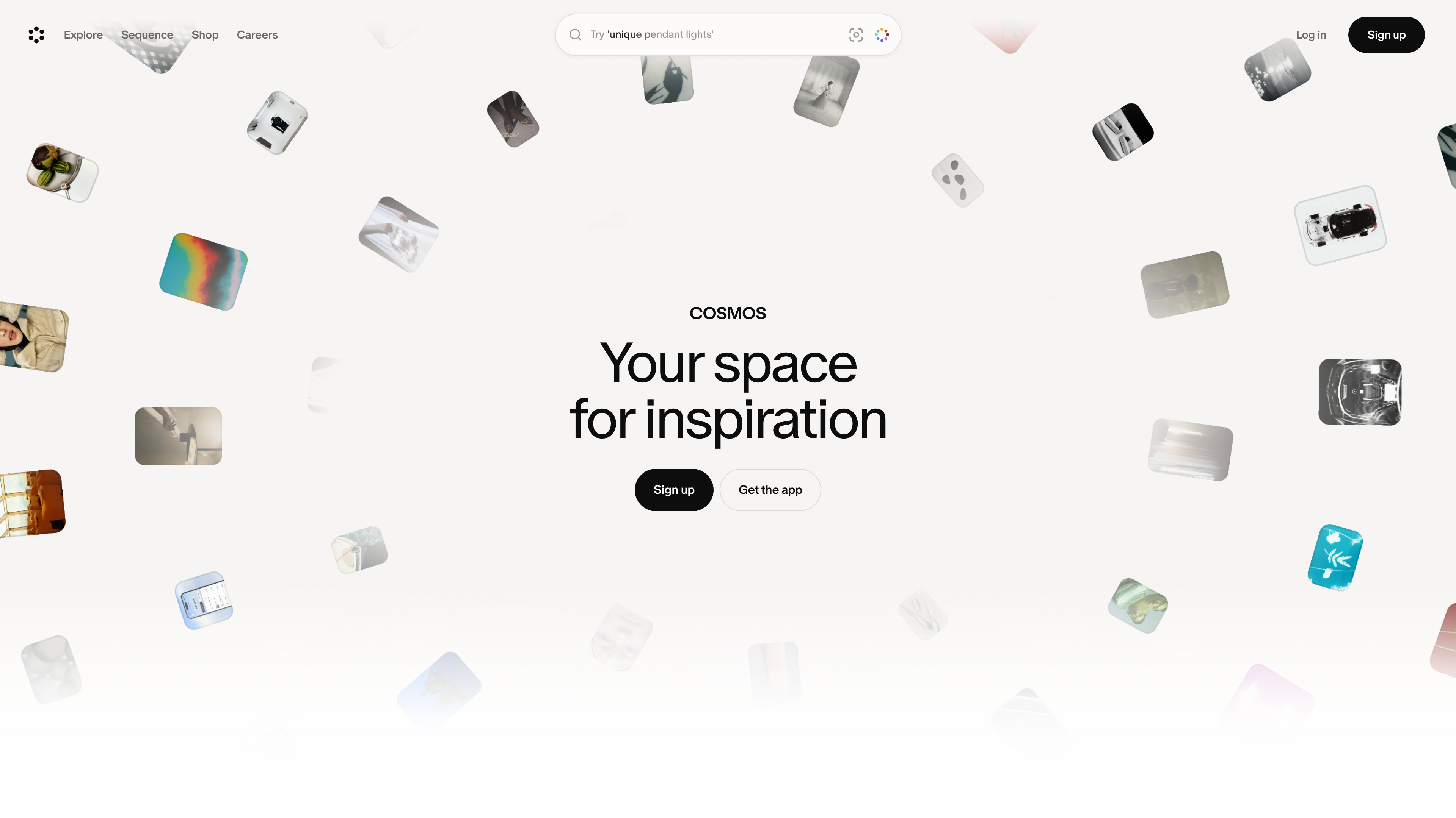 The Cosmos homepage: the hero reads “Your space for inspiration,” surrounded by a drifting wall of saved images