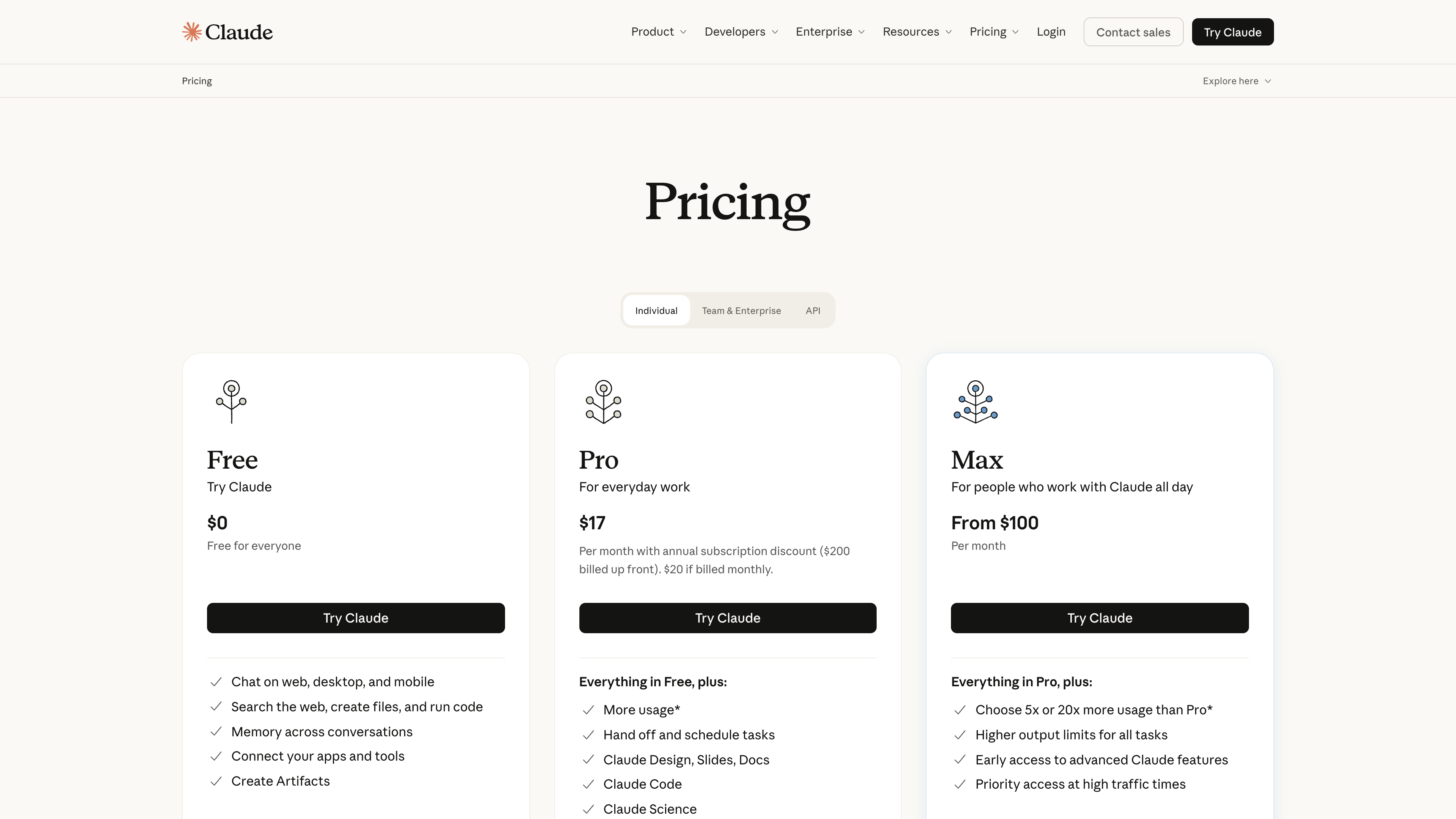 Claude's individual pricing tiers: Free, Pro ($17/month billed annually), and Max (from $100/month)