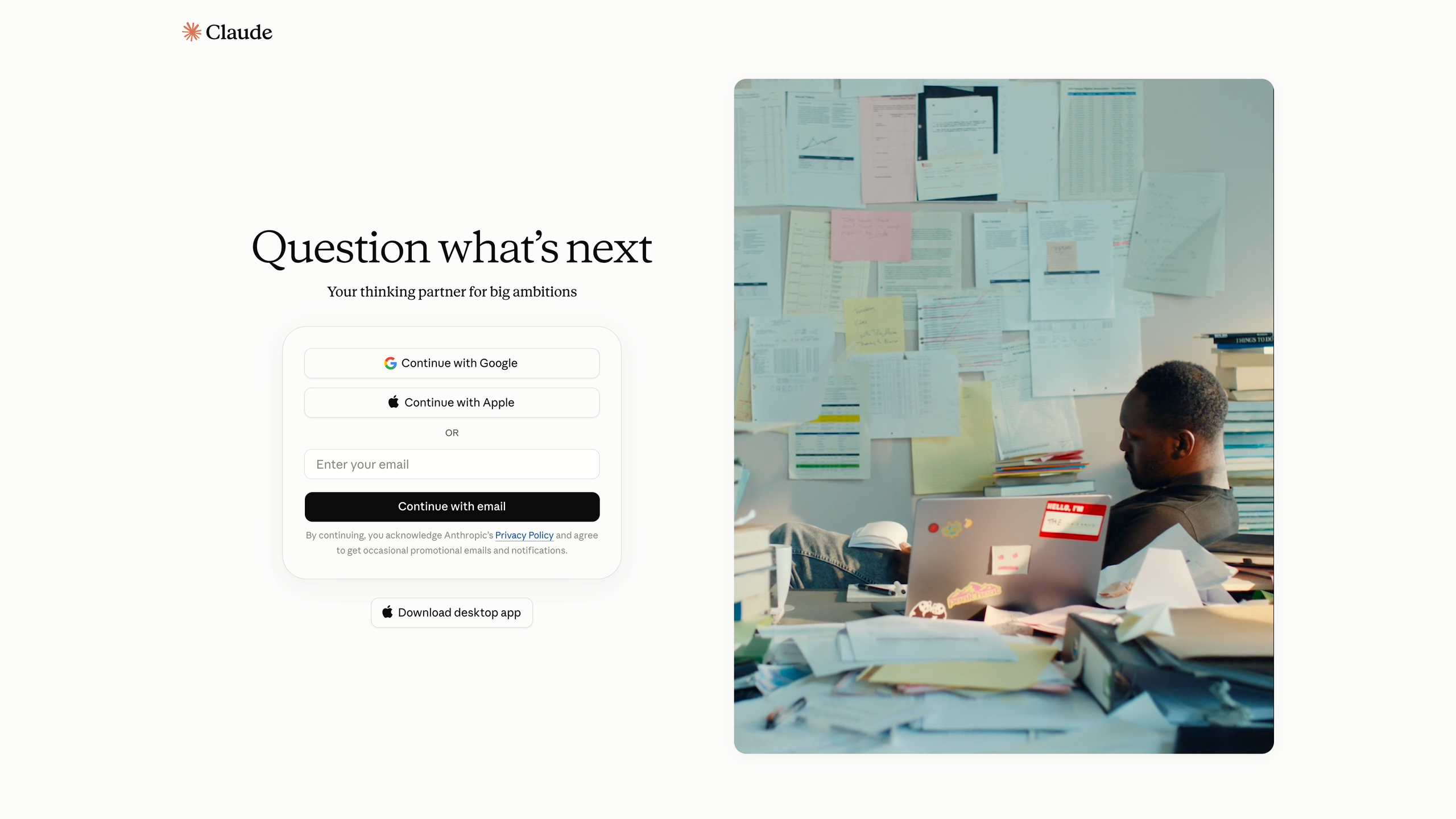 The logged-out claude.ai homepage: the "Question what's next" tagline with Google, Apple, and email sign-up options
