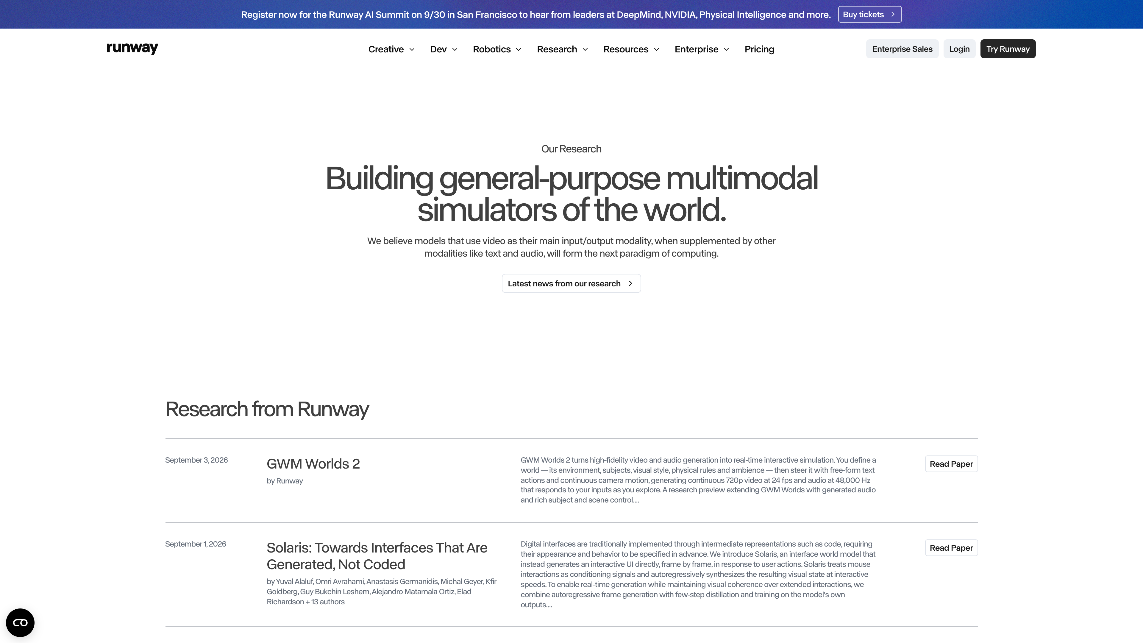 The Runway research index, listing recent work such as the GWM Worlds 2 real-time interactive simulation and the Solaris interface world model