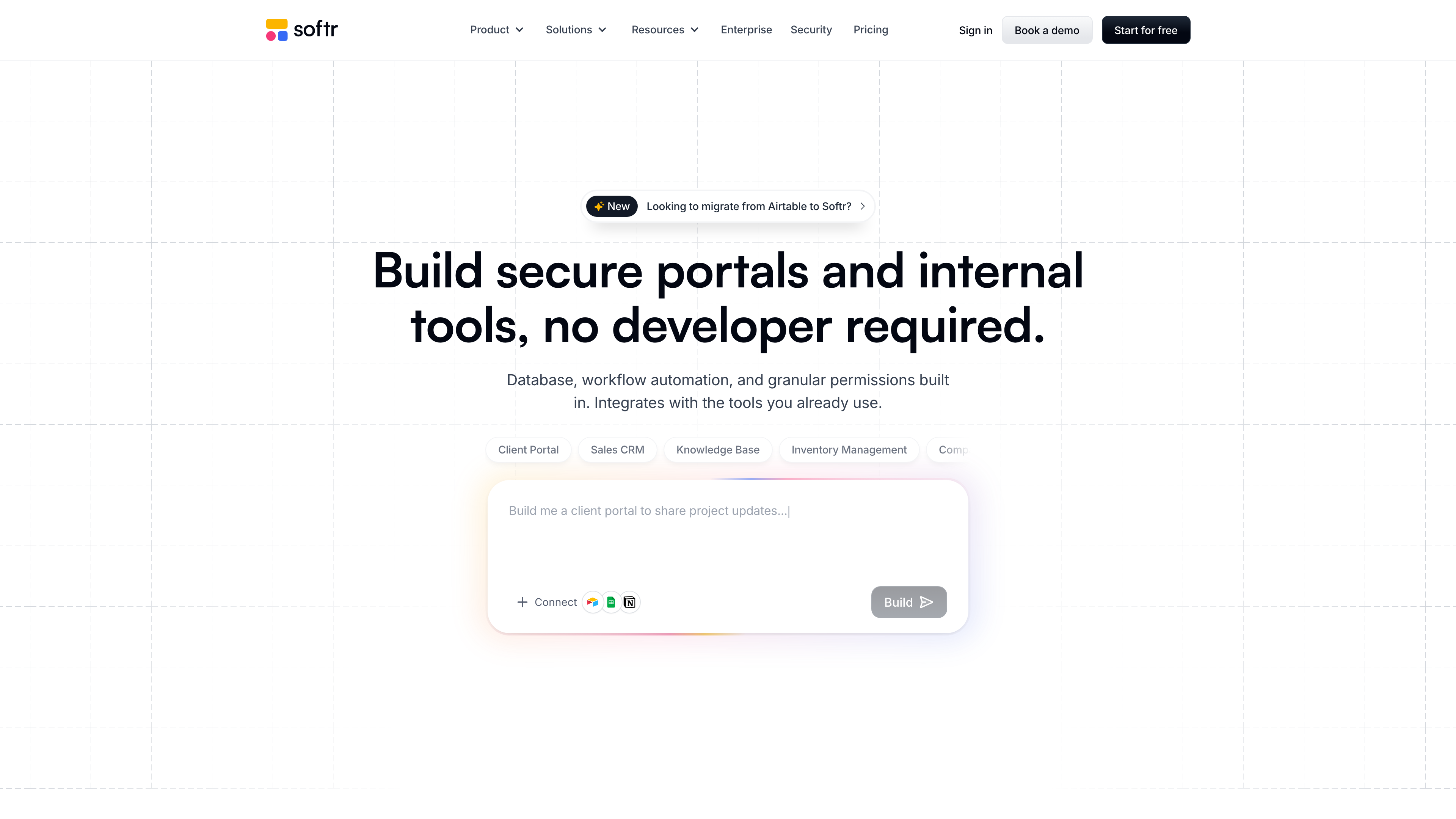 Softr homepage: the AI prompt box and typical use cases