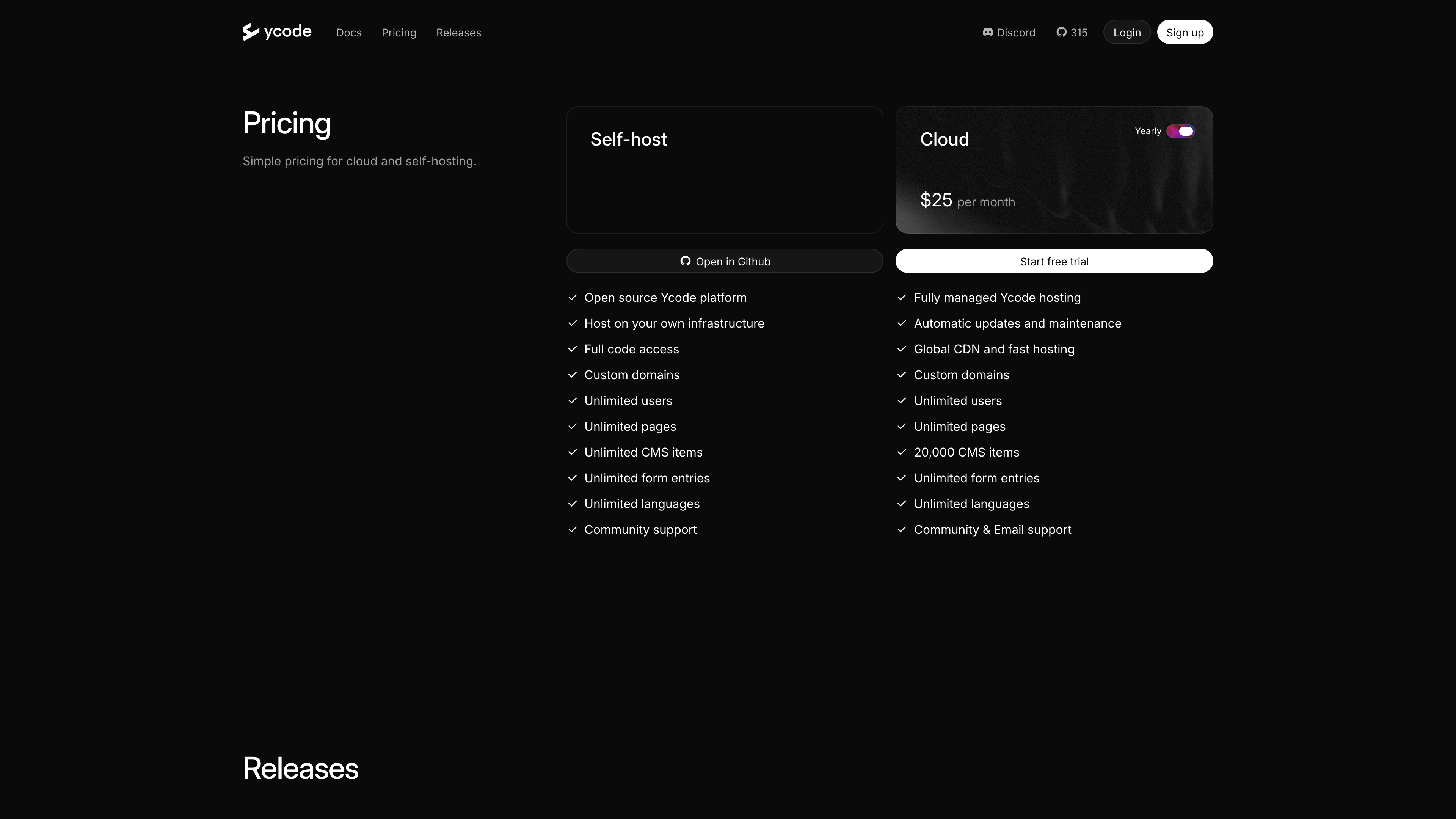 Ycode pricing: the Self-host and Cloud tiers