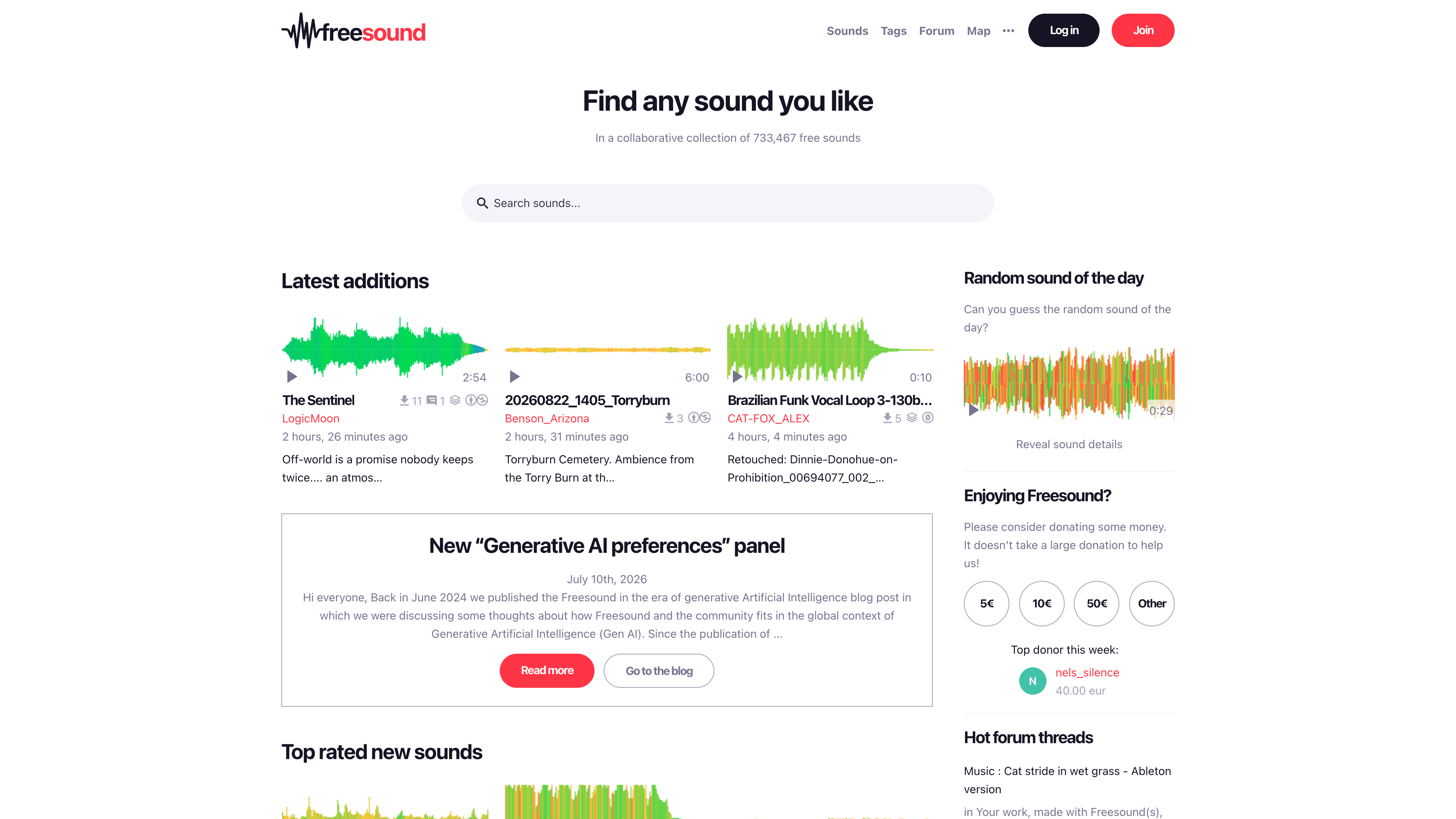 Freesound homepage: search box, waveform previews of the latest uploads, and the donation panel