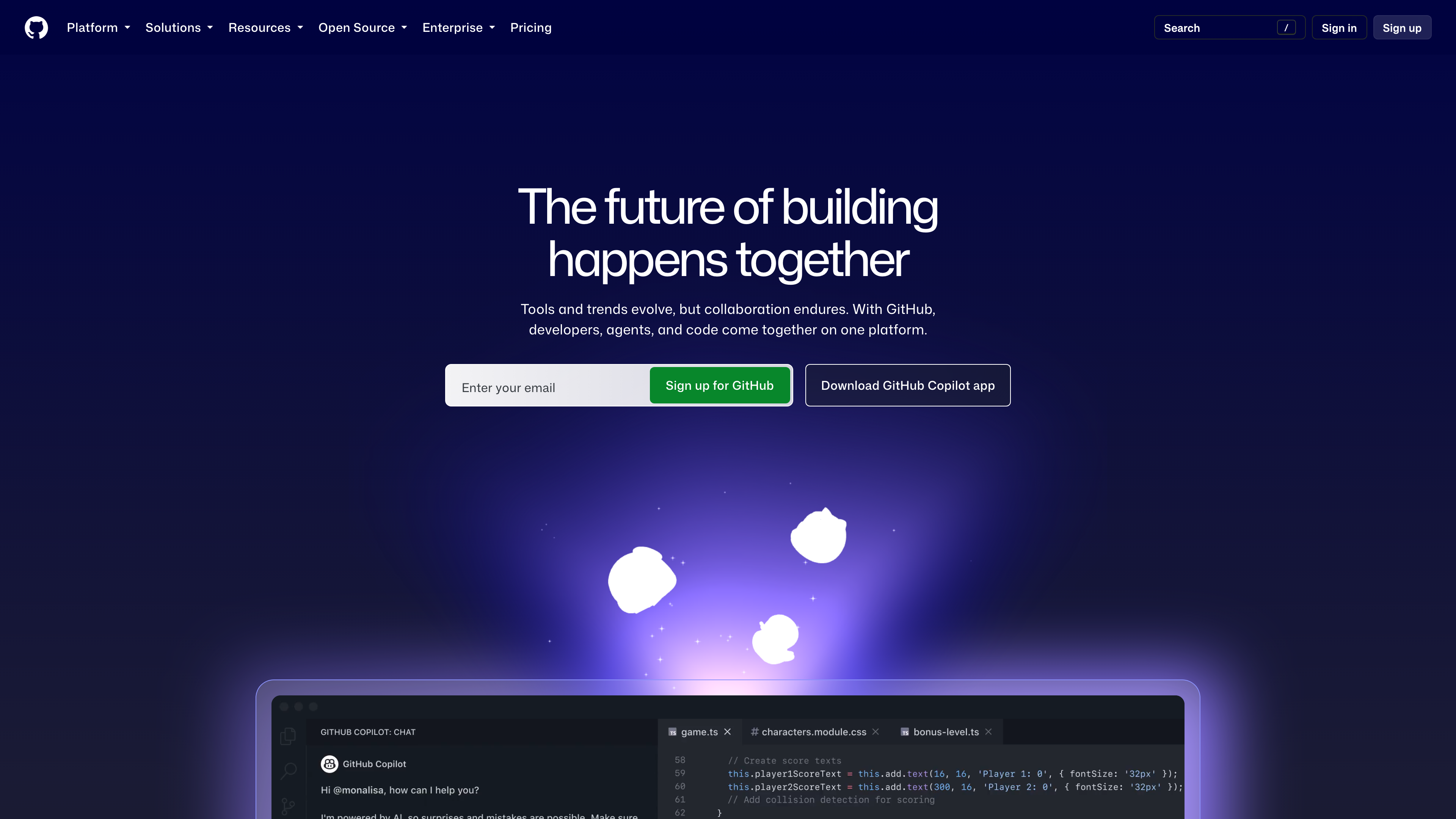 The logged-out GitHub homepage: signup entry and Copilot product showcase