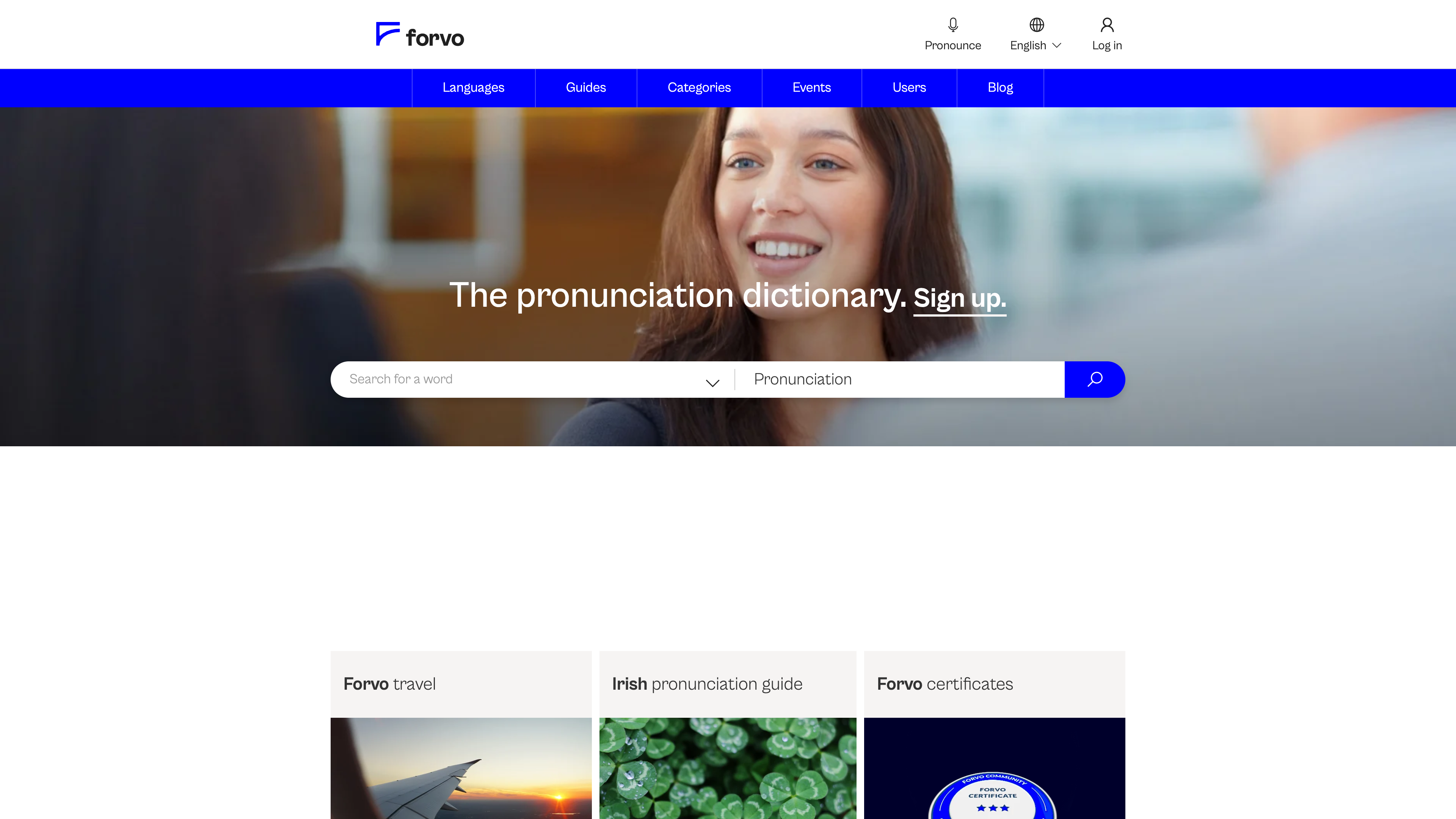 The Forvo homepage: a word search box, the Pronounce recording entry and featured content cards