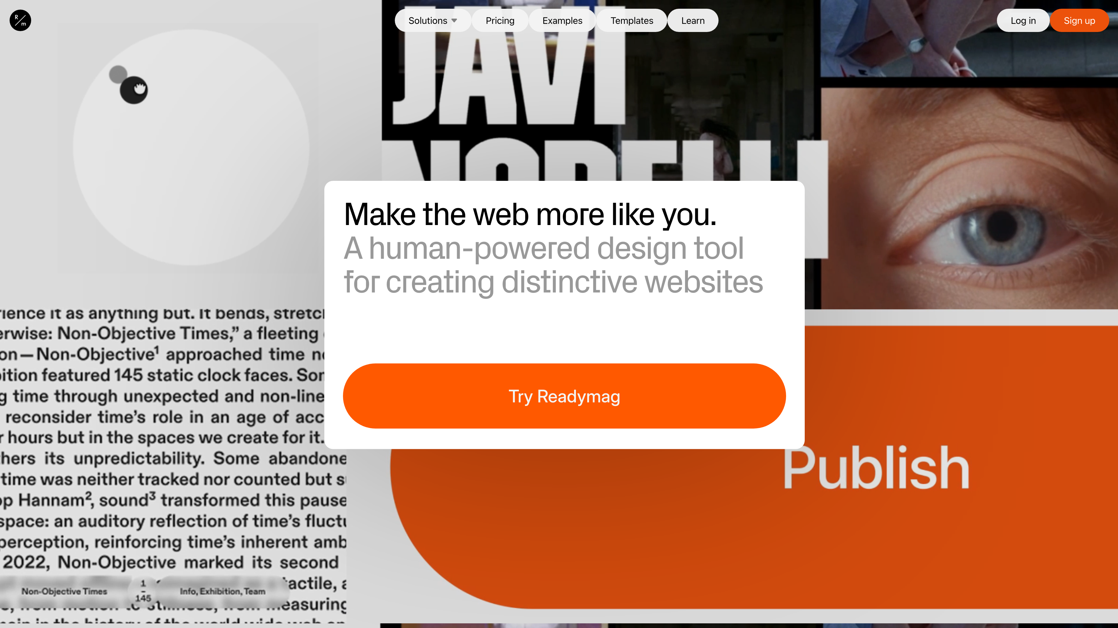 Readymag homepage: the "Make the web more like you" headline over a wall of user projects
