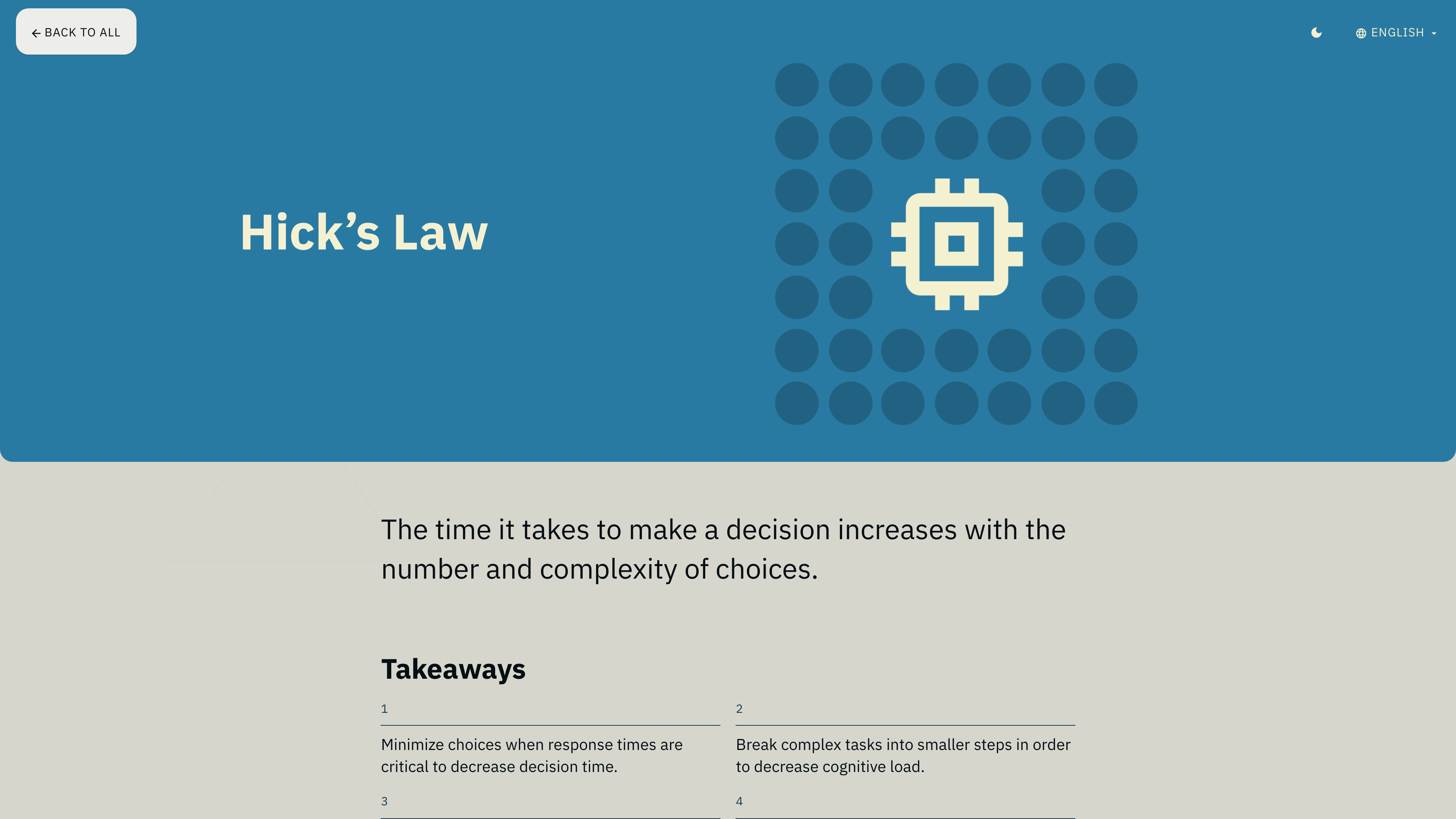 The Hick's Law entry: title graphic, definition, and design takeaways