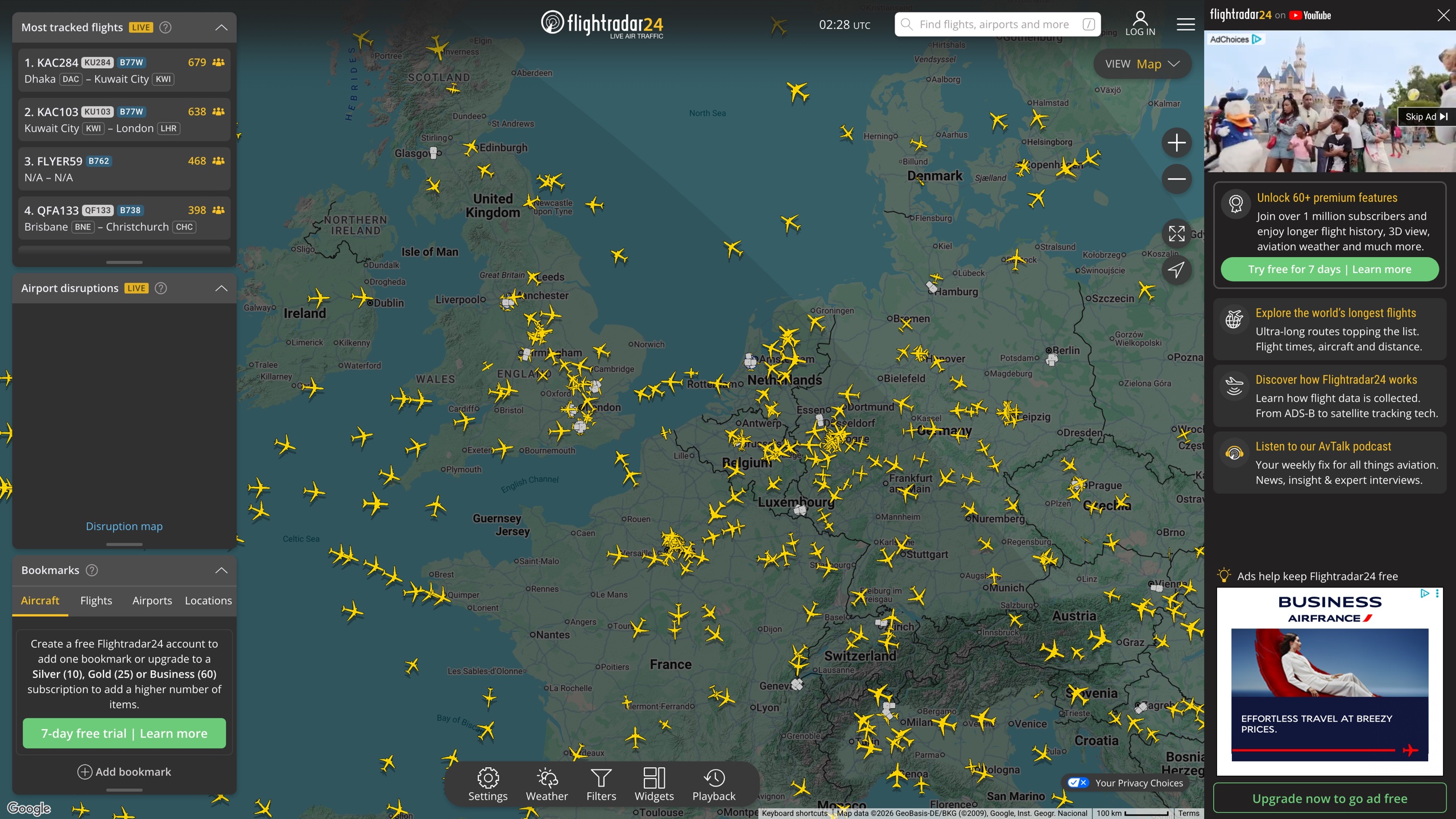 Flightradar24 homepage: live traffic over Europe, with the "most tracked flights" leaderboard on the left