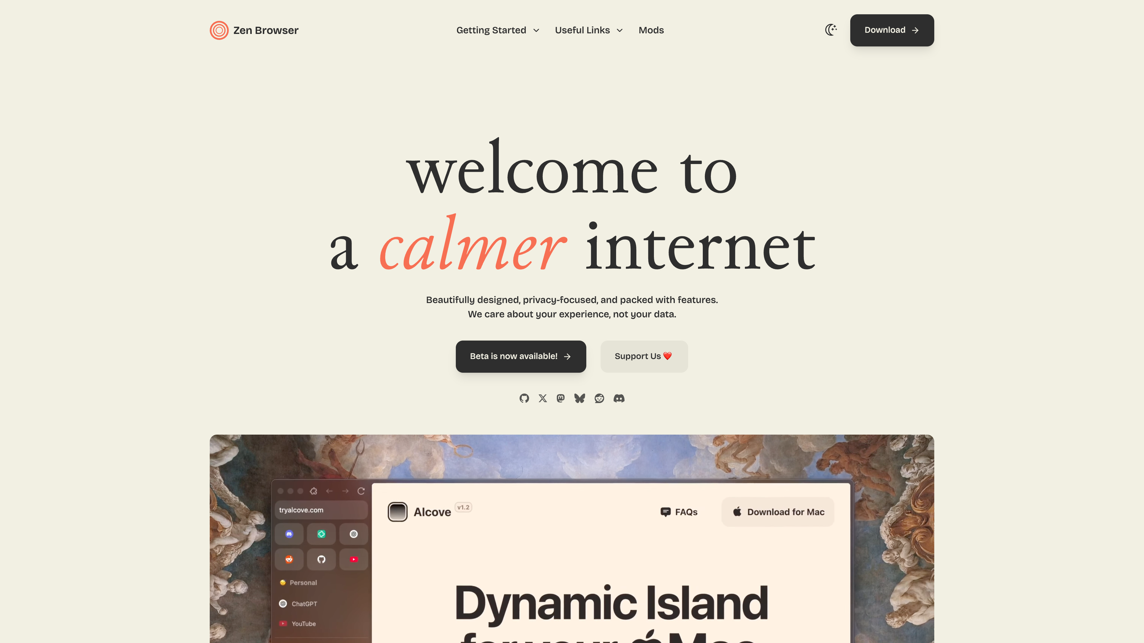 The Zen Browser homepage: the tagline "welcome to a calmer internet" with download and donation links