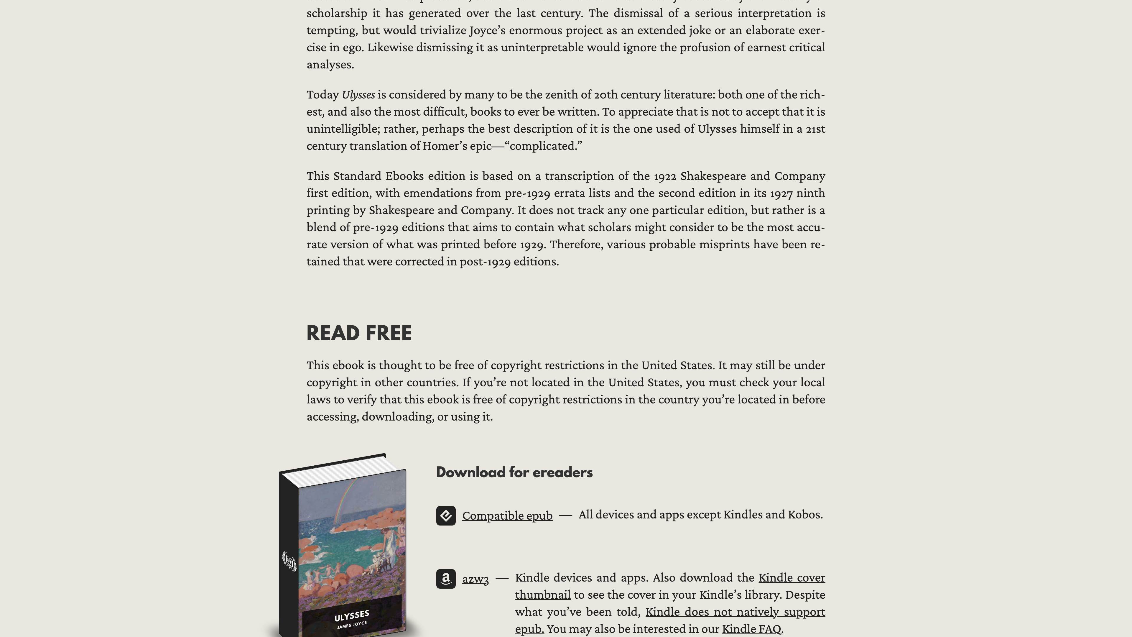 The Ulysses book page: the U.S. public domain notice and download options including epub and azw3