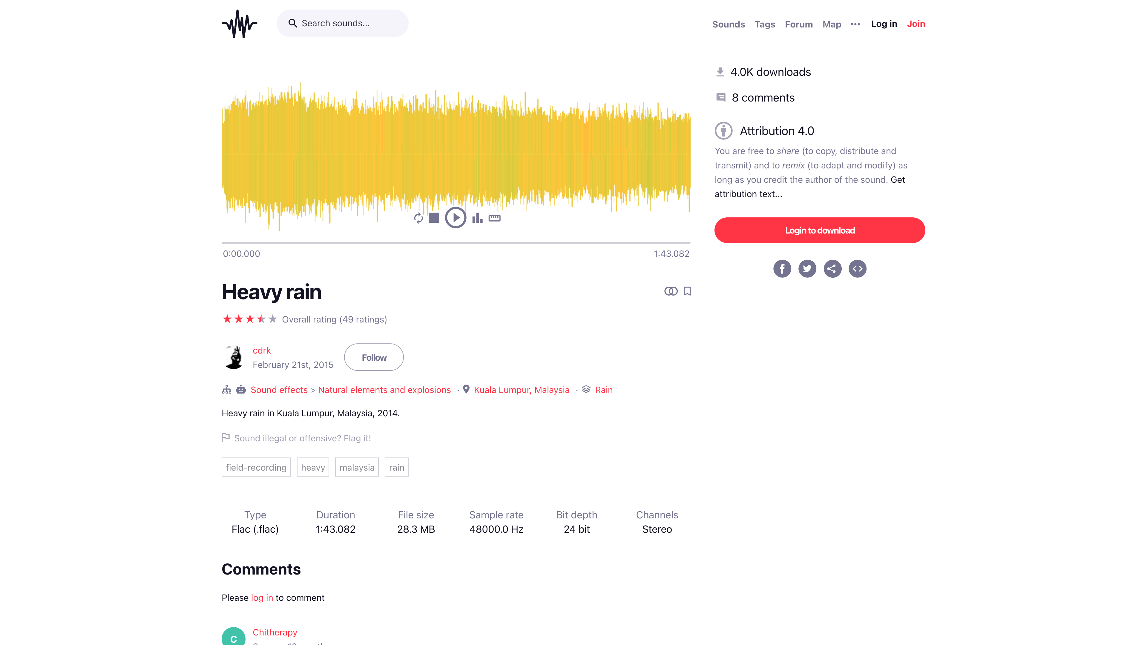 A sound detail page: waveform player, technical specs, the license notice and the "Login to download" button