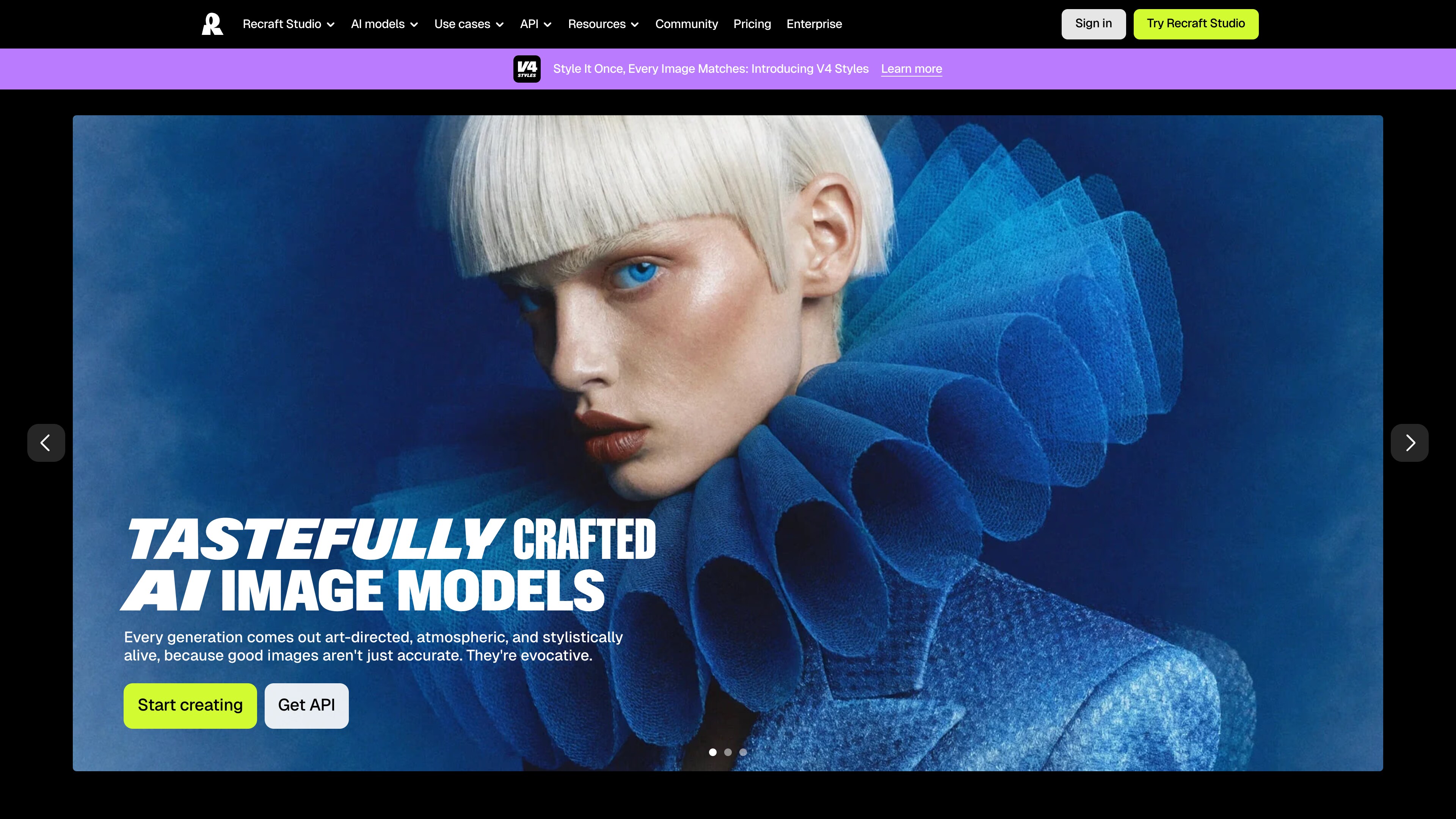 The Recraft homepage: the “Tastefully Crafted AI Image Models” hero with a V4 Styles announcement banner