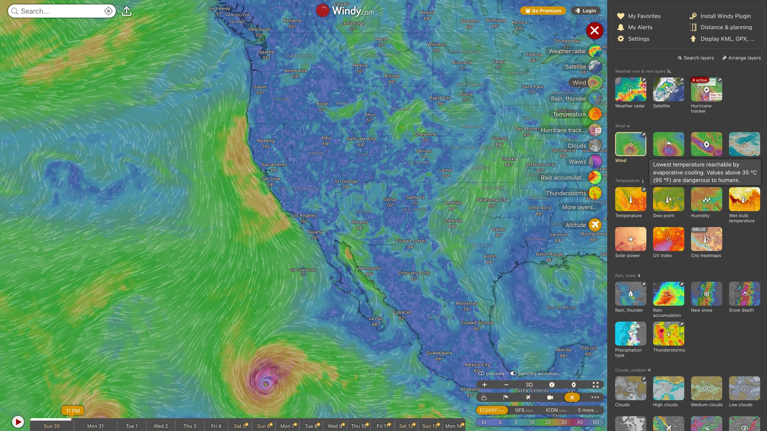 Windy's layer menu: grouped by wind, temperature, rain and snow, clouds and aviation, waves, and air quality, each with a thumbnail and description