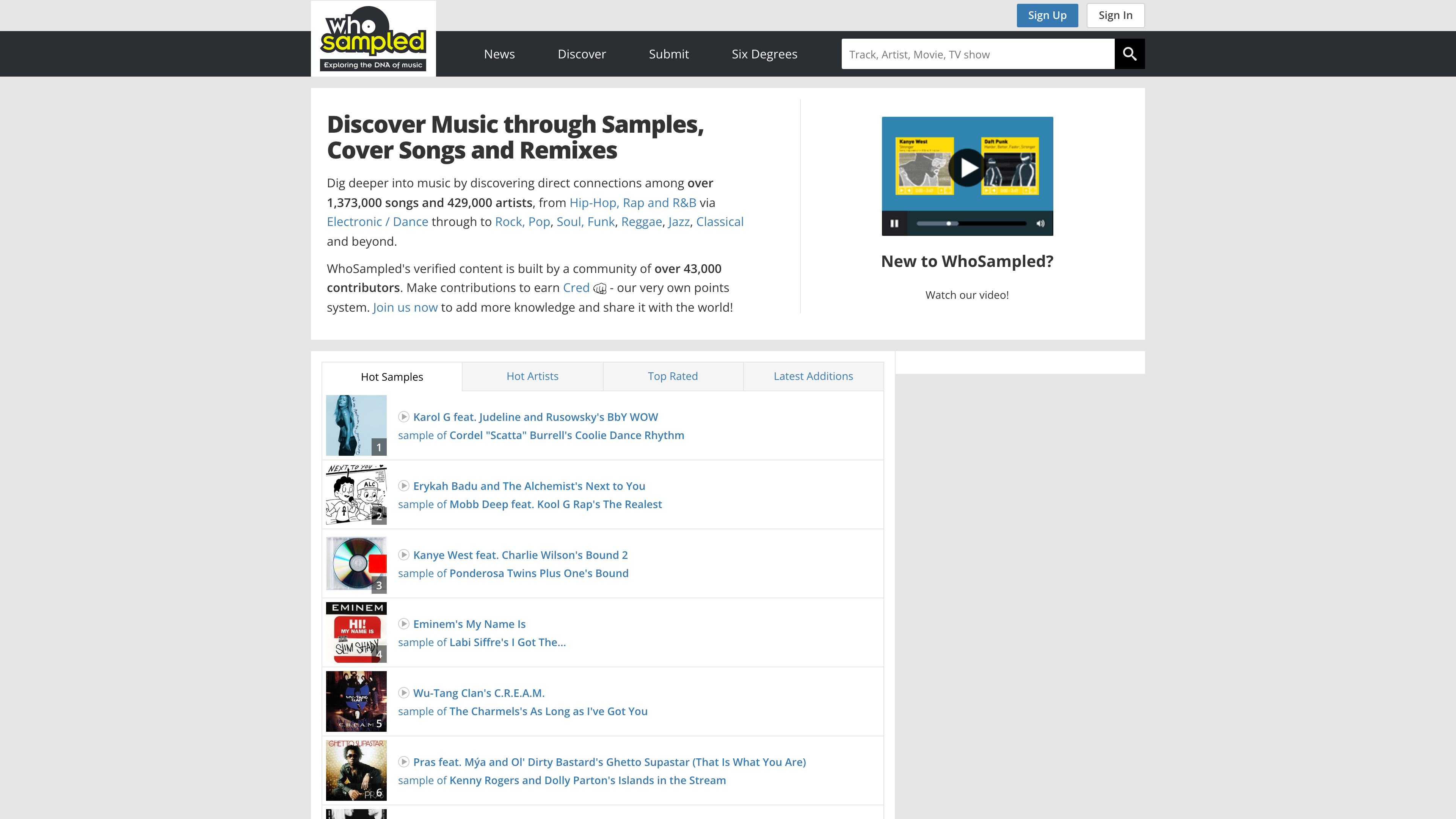 The WhoSampled homepage: tagline, catalogue size and trending sample charts