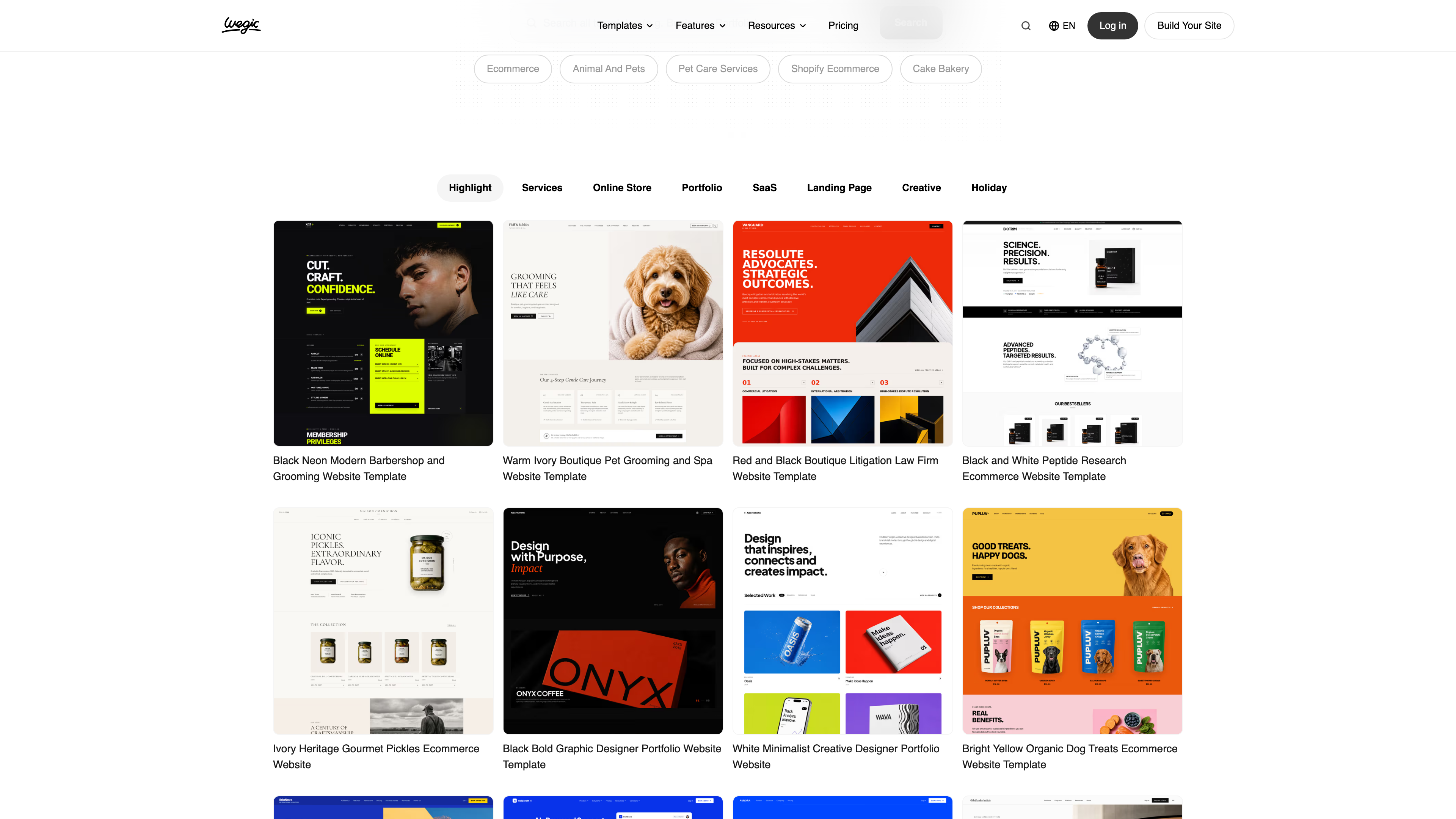 Wegic template library: categorized template cards
