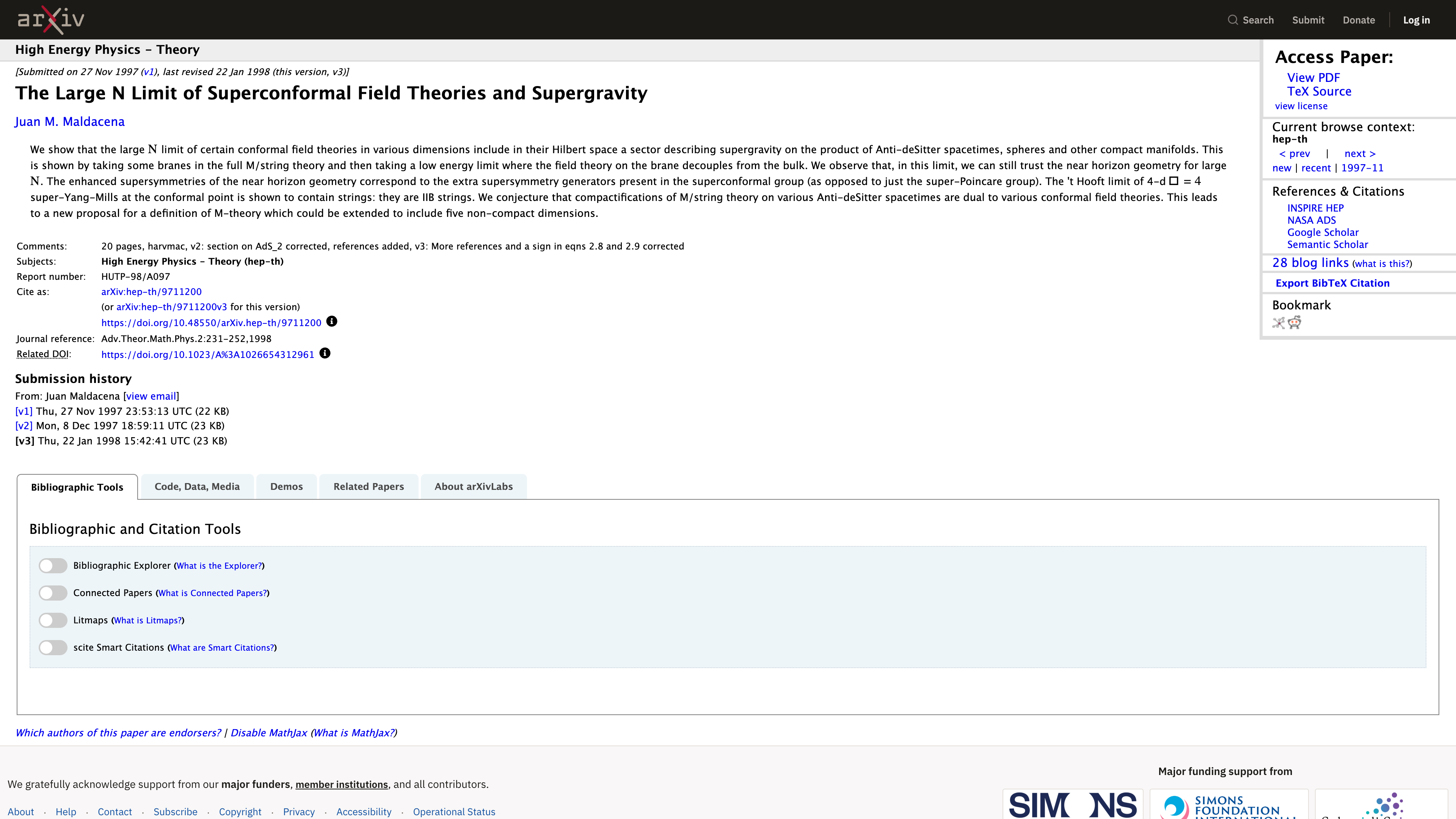 An arXiv abstract page: Maldacena's 1997 paper, with submission history, PDF and TeX source downloads, license and citation export