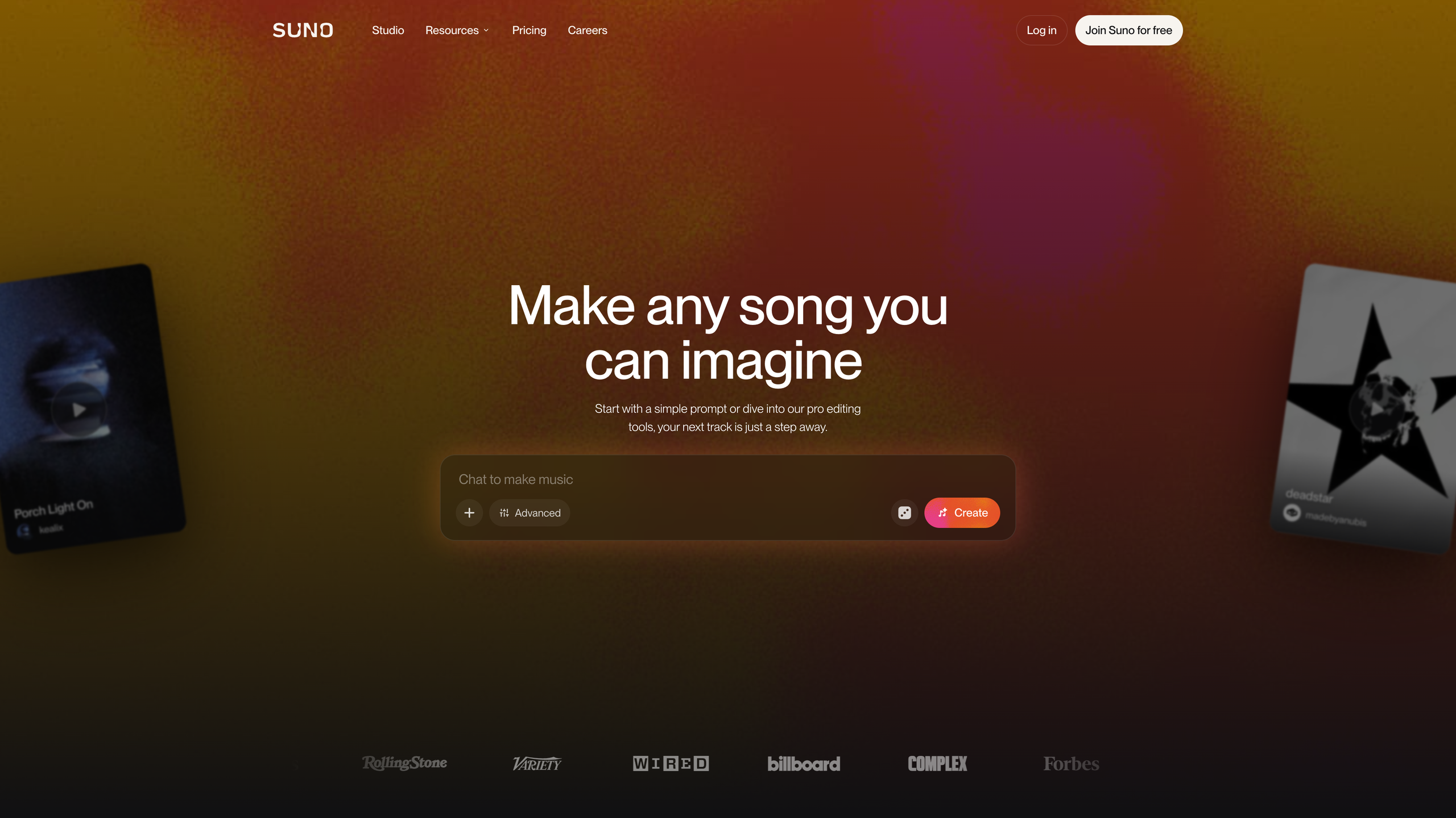 The Suno homepage: the hero reads "Make any song you can imagine," with a prompt box and Create button at center
