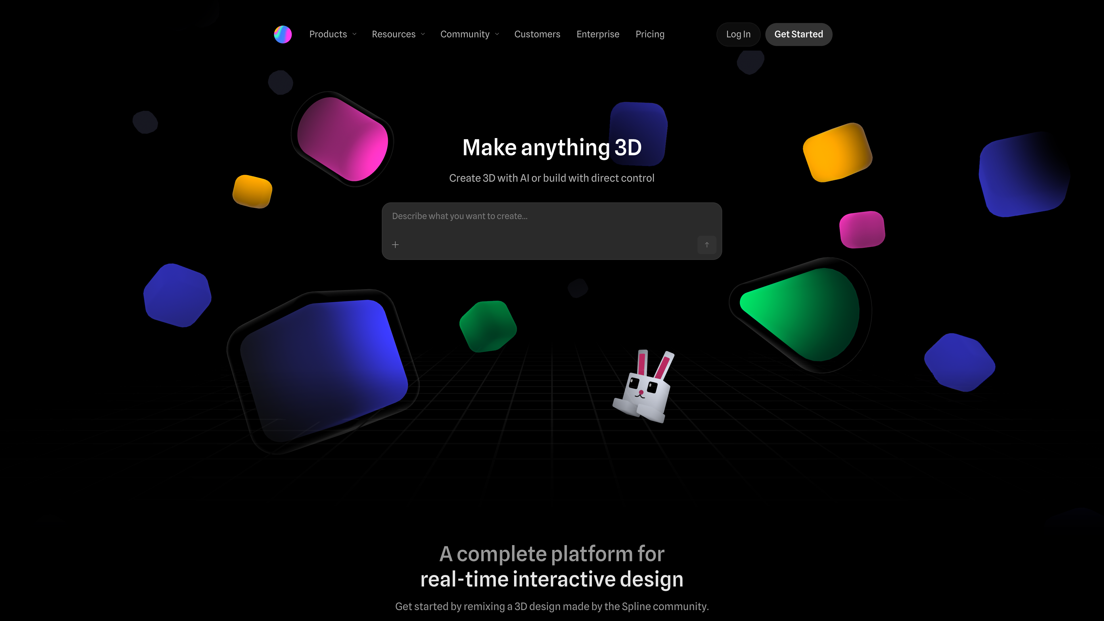 The Spline homepage: the hero reads “Make anything 3D,” with a real-time rendered 3D scene and an AI prompt box below the main navigation