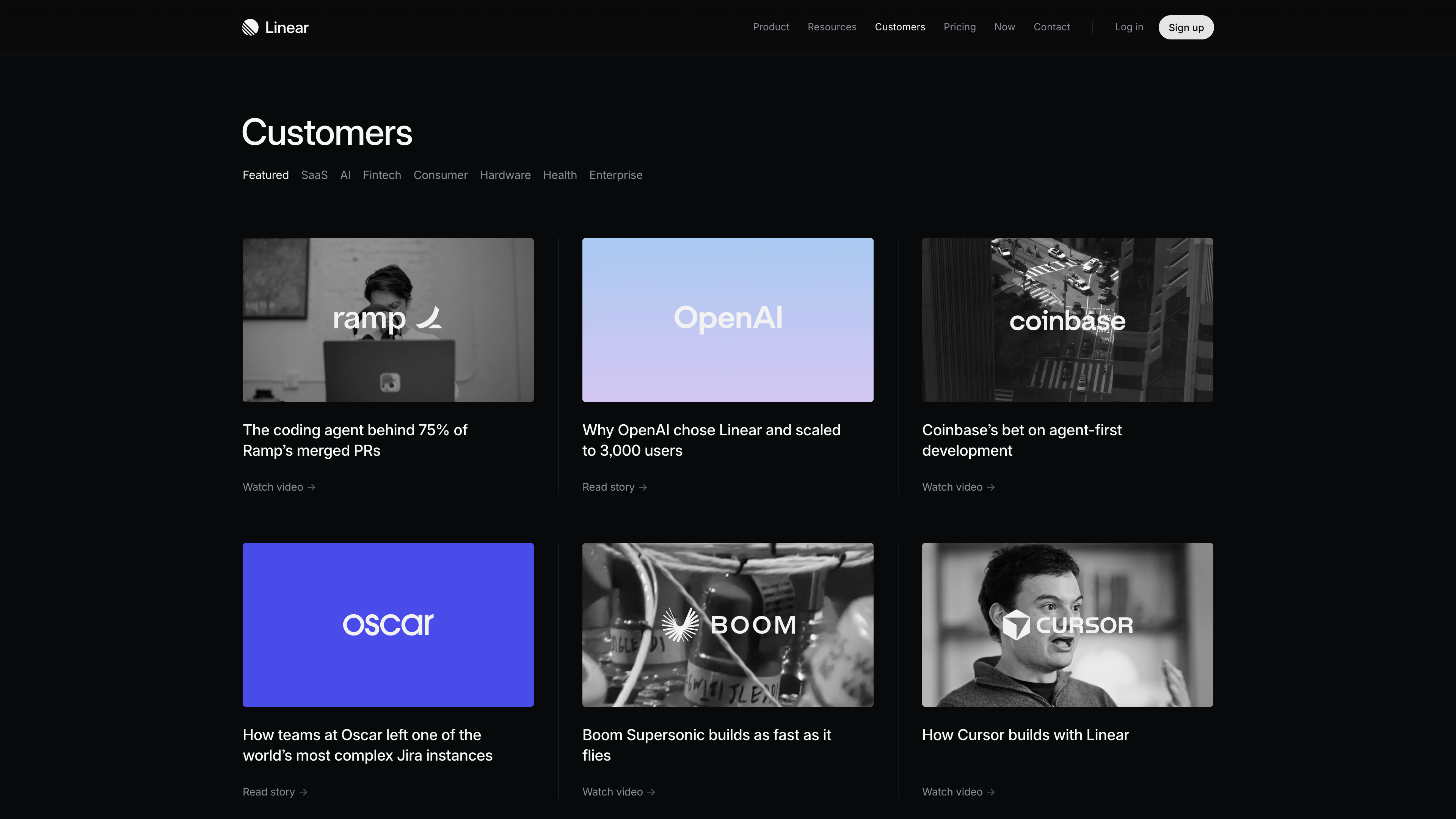 Linear's customer page: story cards for Ramp, OpenAI, Coinbase, Oscar, Boom Supersonic, and Cursor