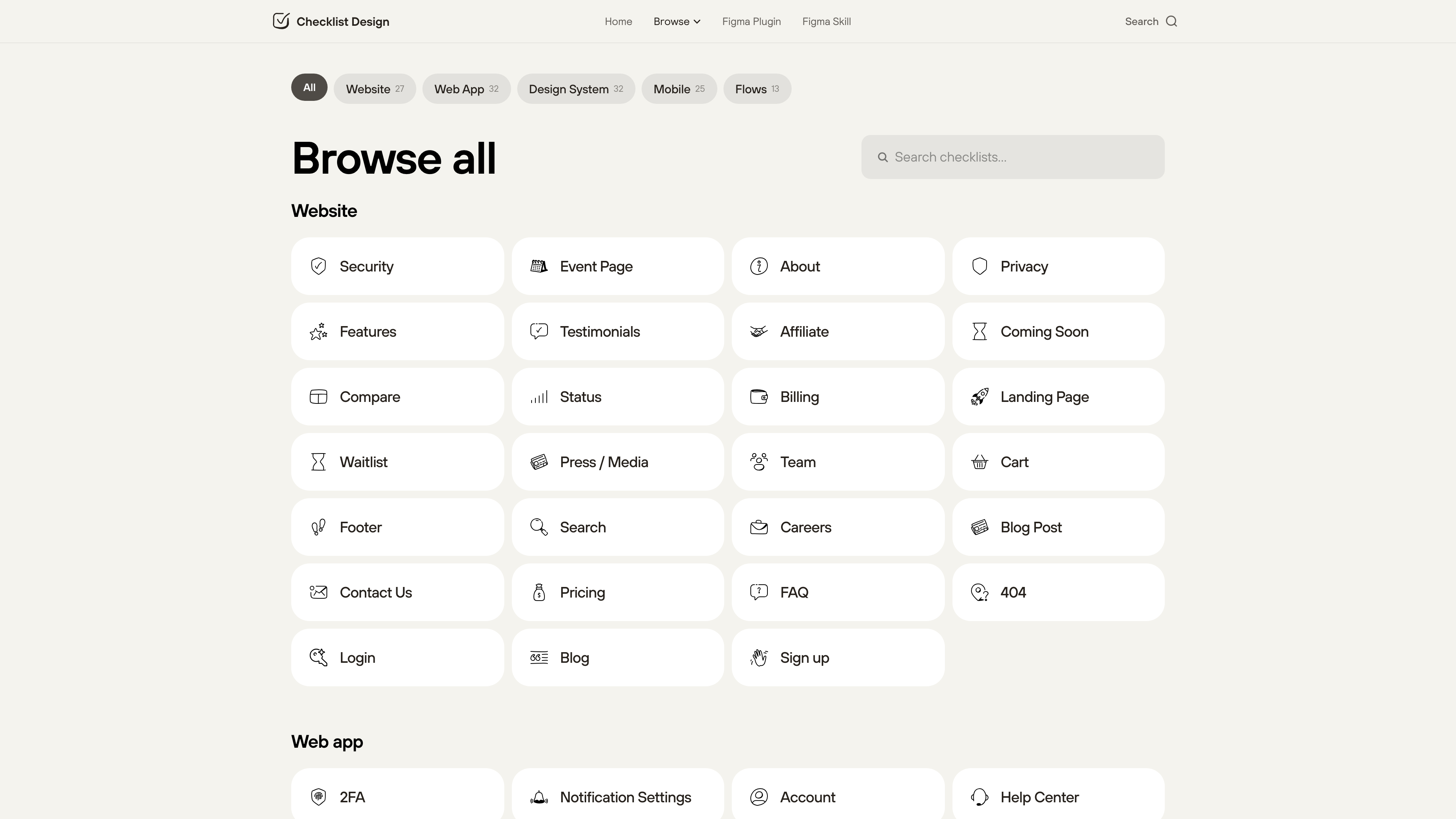 The Browse page lists every checklist by category, with per-category counts in the filter tabs