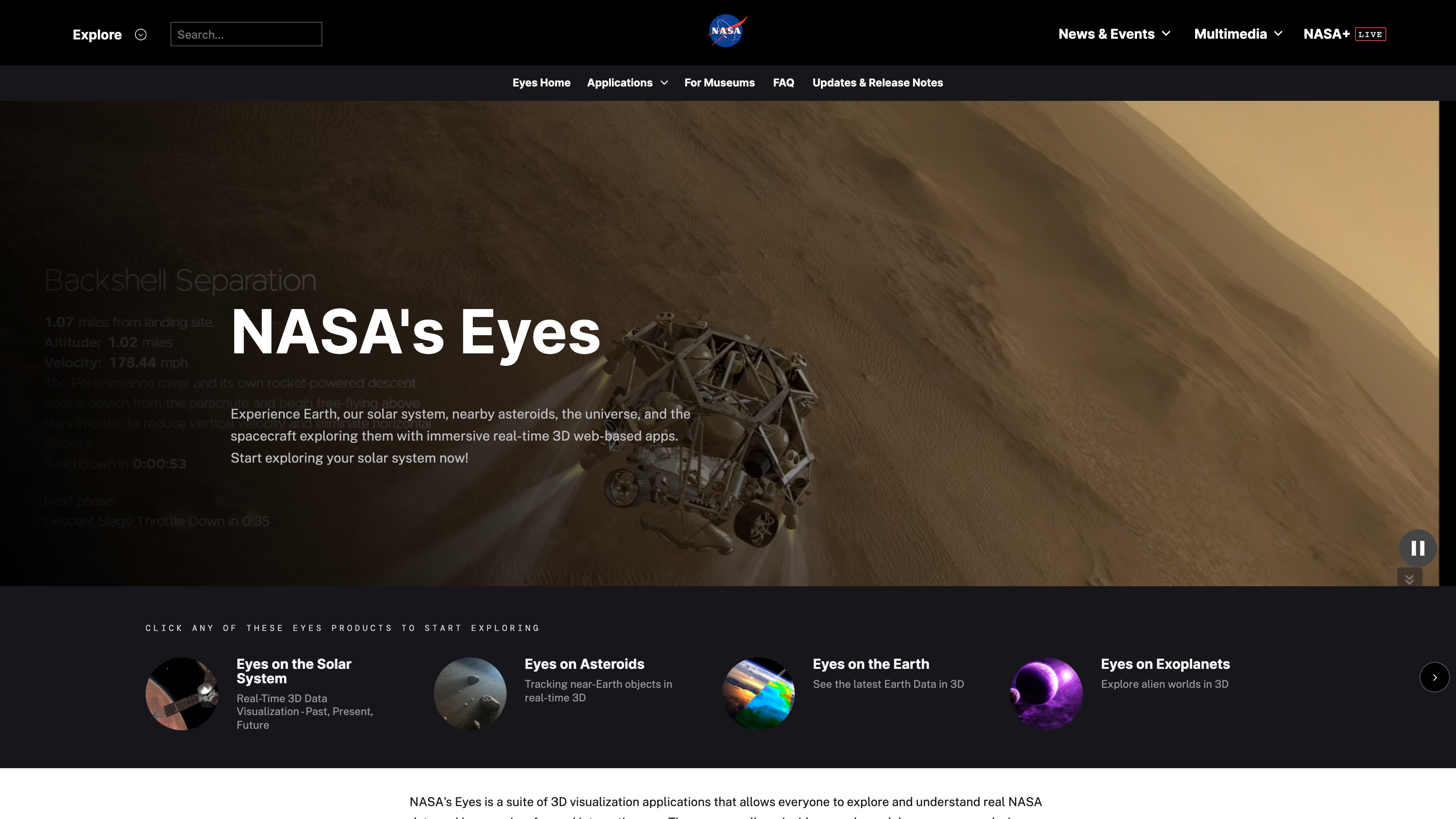 The eyes.nasa.gov homepage: entry points to the NASA's Eyes suite, including the Solar System, Asteroids, Earth, and Exoplanets 3D apps