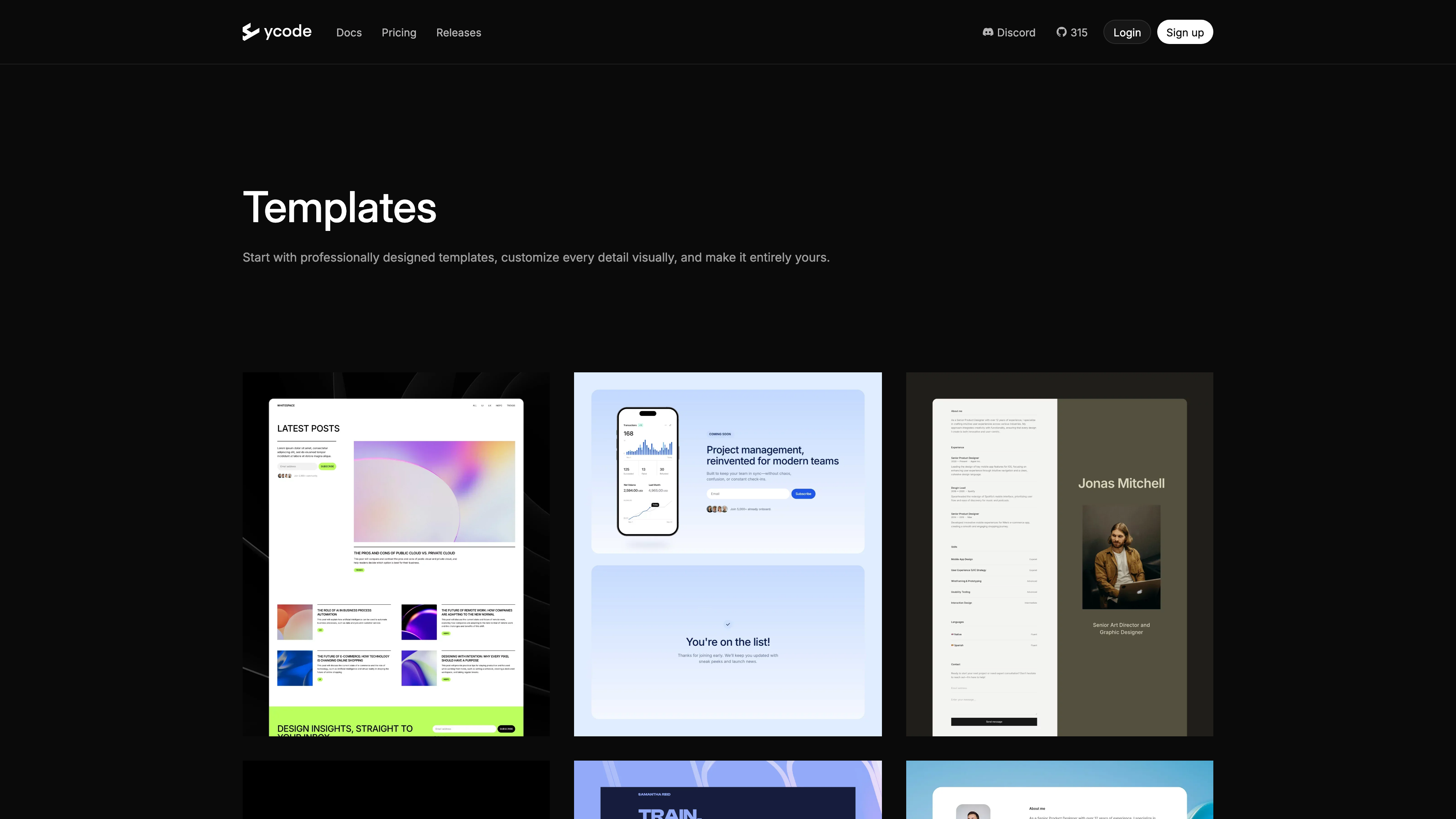 The Ycode template gallery