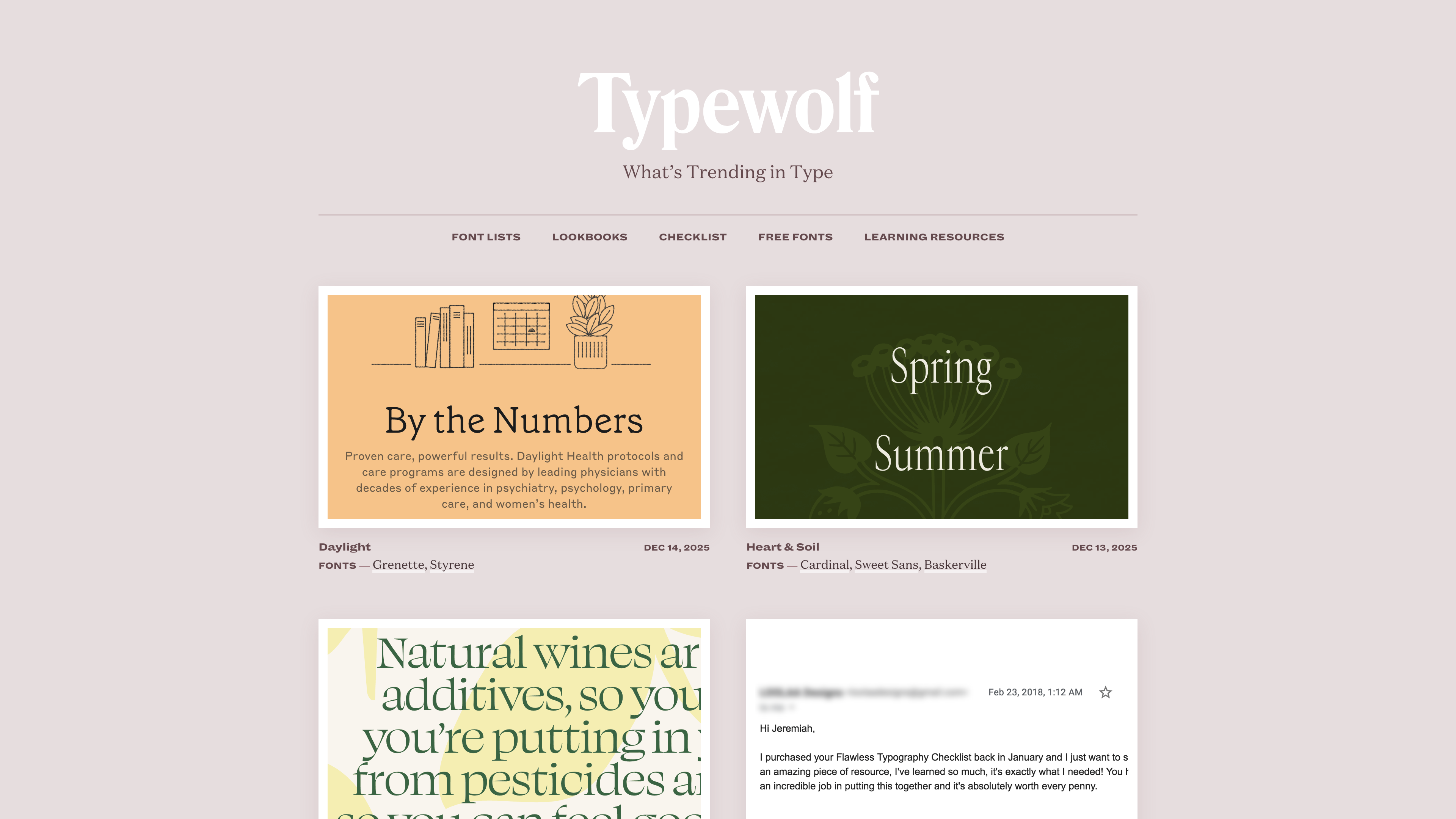 Typewolf homepage showing daily featured sites with the fonts used in each